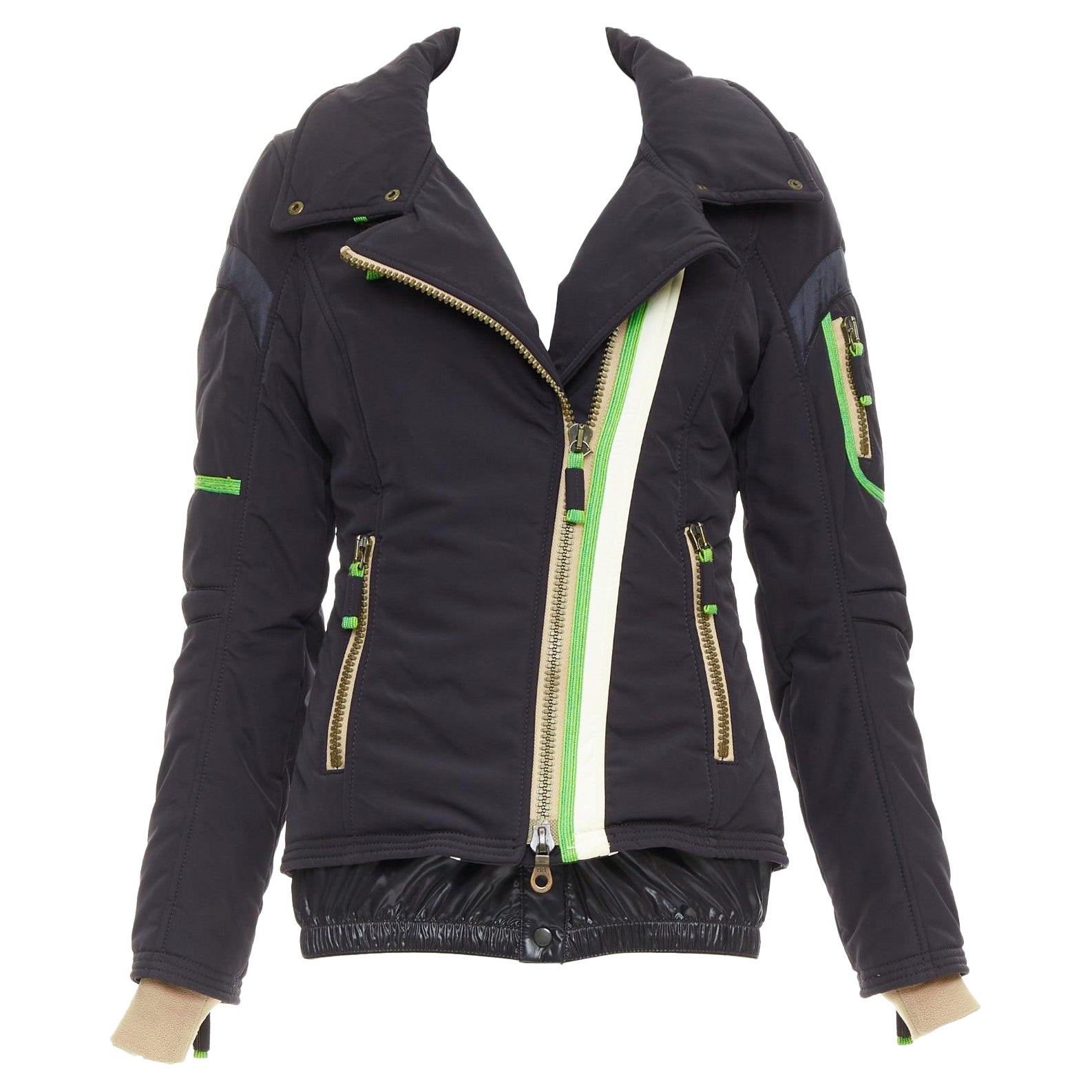 FRAUENSCHUH Edición limitada negro nylon verde desnudo cremallera snow puffer jacket XS en venta