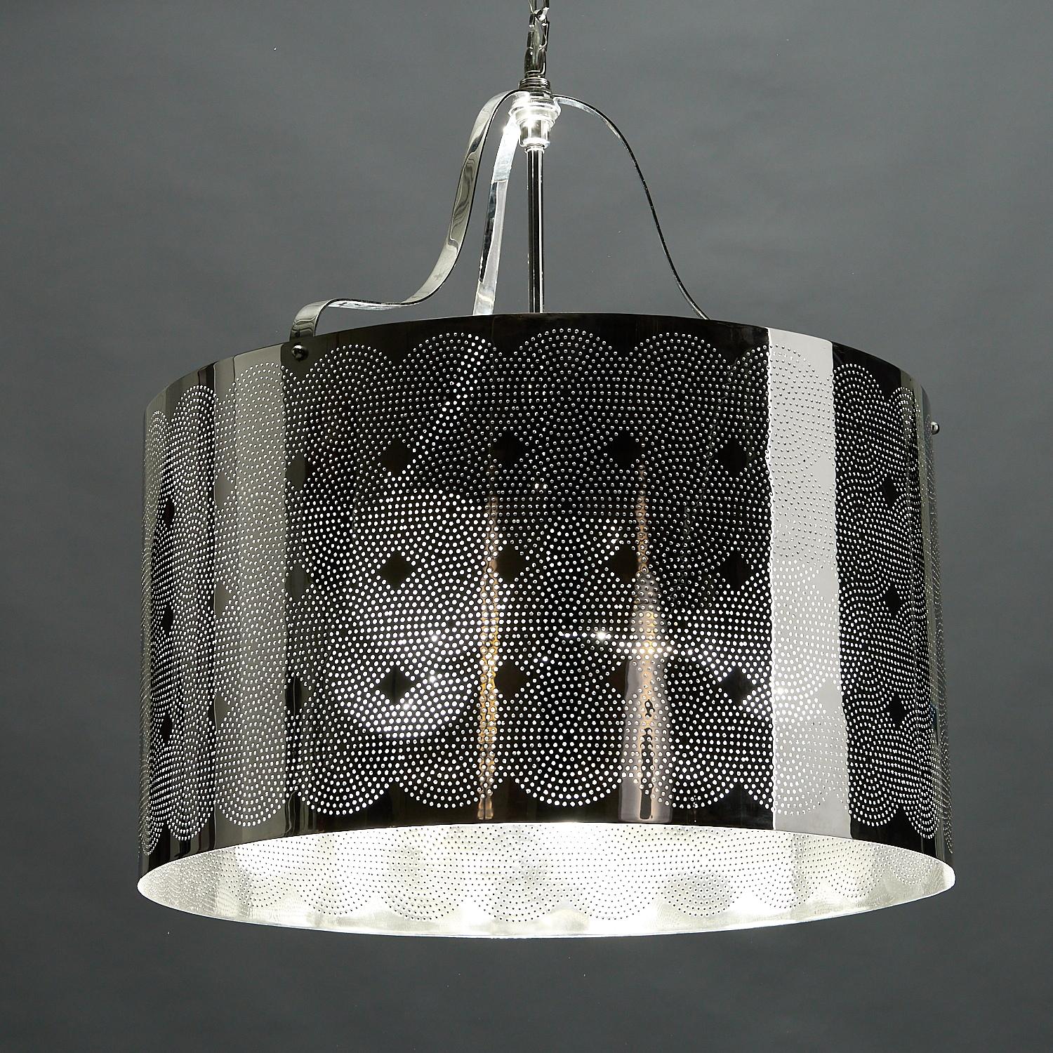 Contemporary Frazier Designs Large Chromed and Pierced Drum Shade Chandelier For Sale