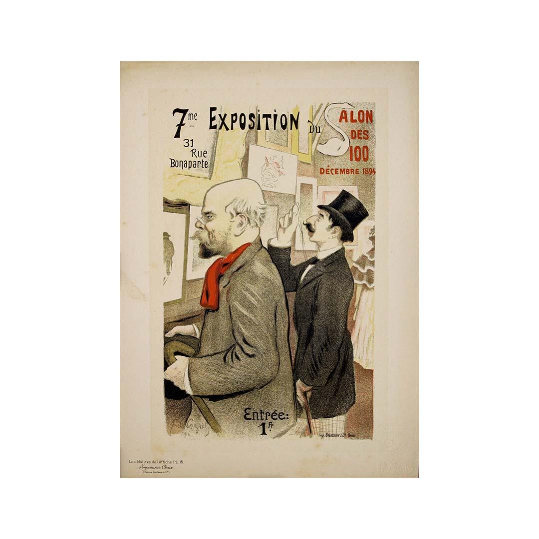 Este cautivador cartel litográfico original de Cazals, creado para la 7ª Exposición del Salón de los Cien (Salon des 100) en diciembre de 1894, ofrece una rara visión de la vibrante escena artística parisina de finales del siglo XIX. Celebrado en el