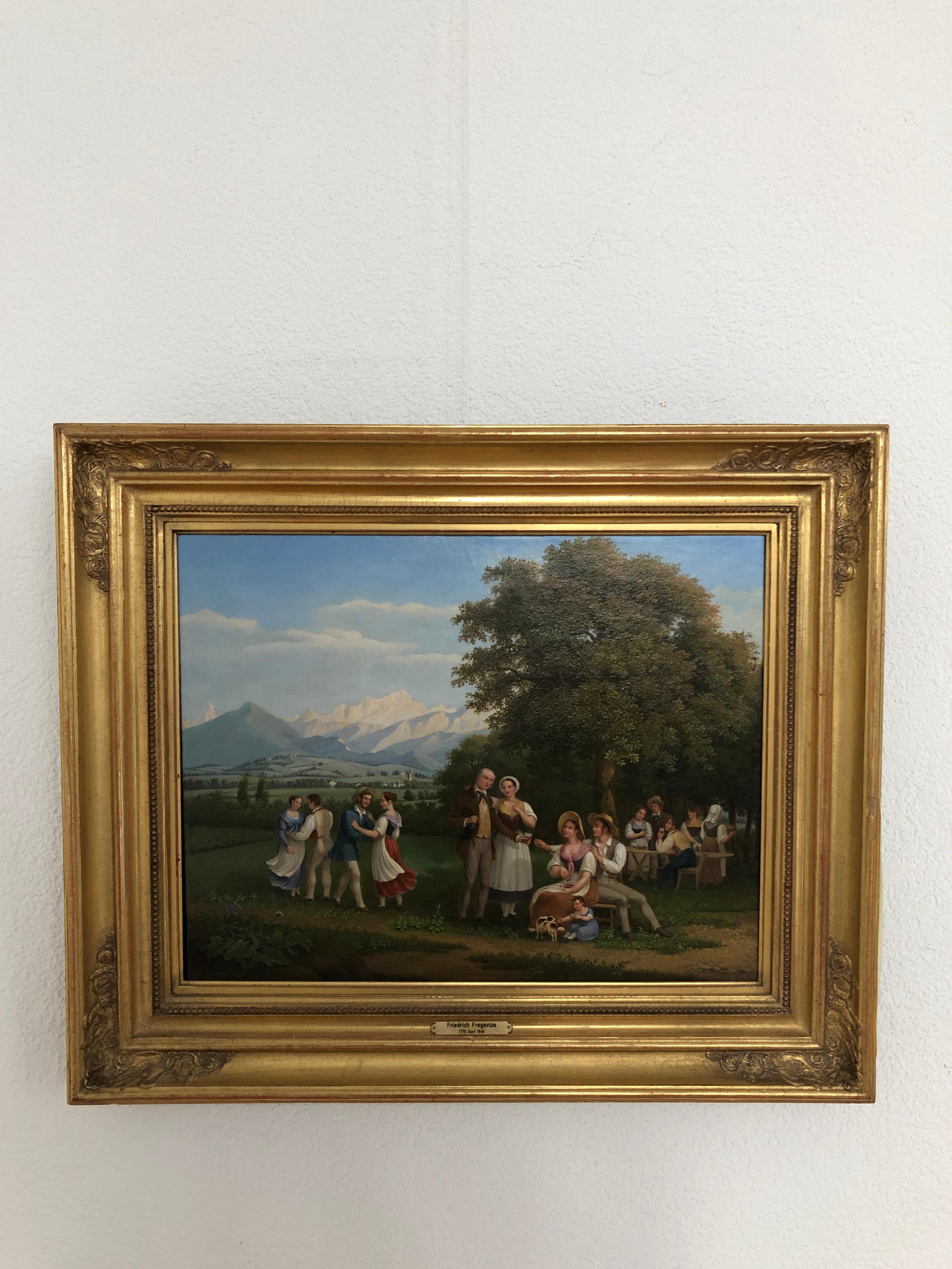Country festival near Geneva with a view of Mont Blanc - Painting by Frédéric Fregevize