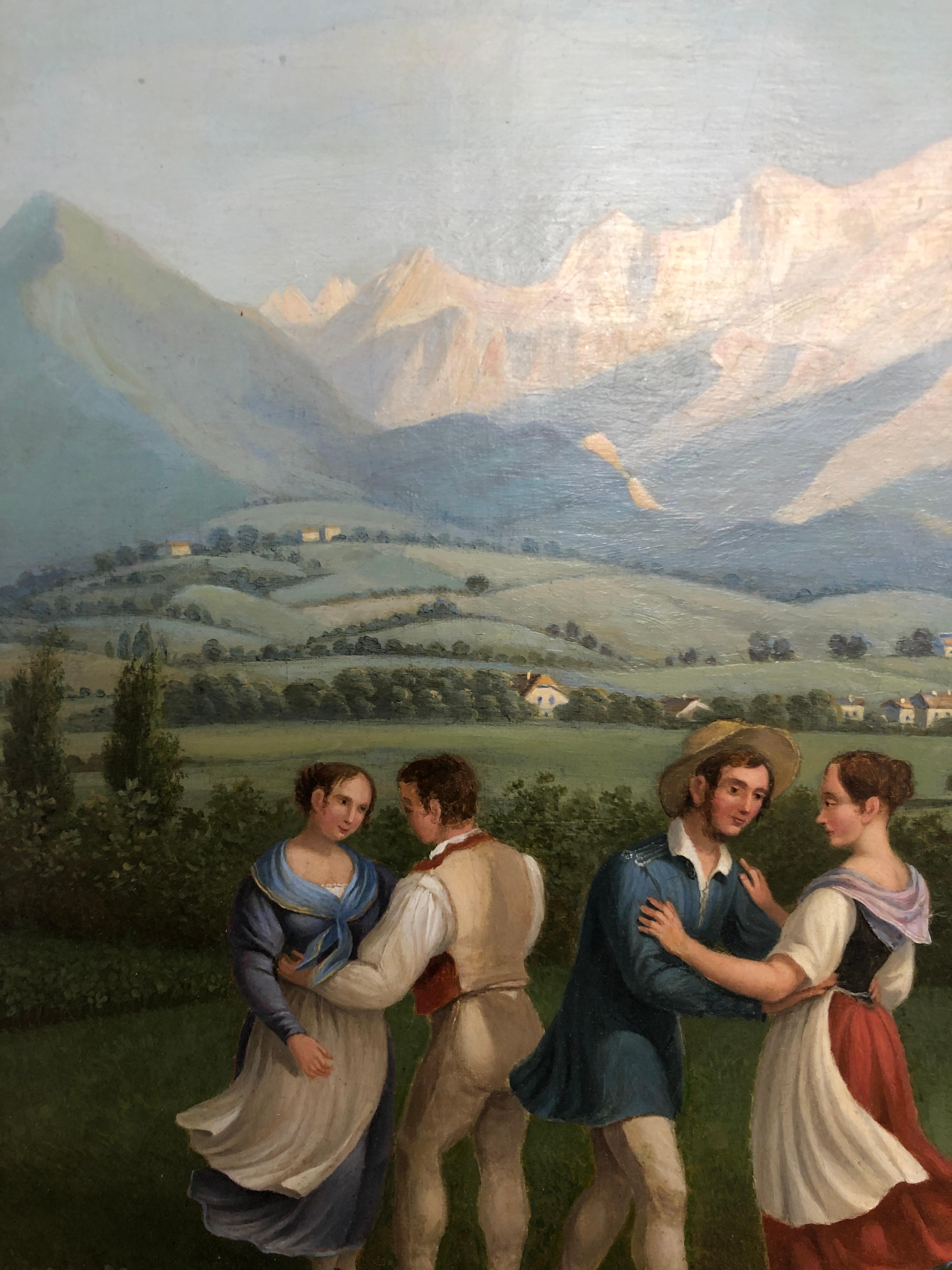 Country festival near Geneva with a view of Mont Blanc - Other Art Style Painting by Frédéric Fregevize