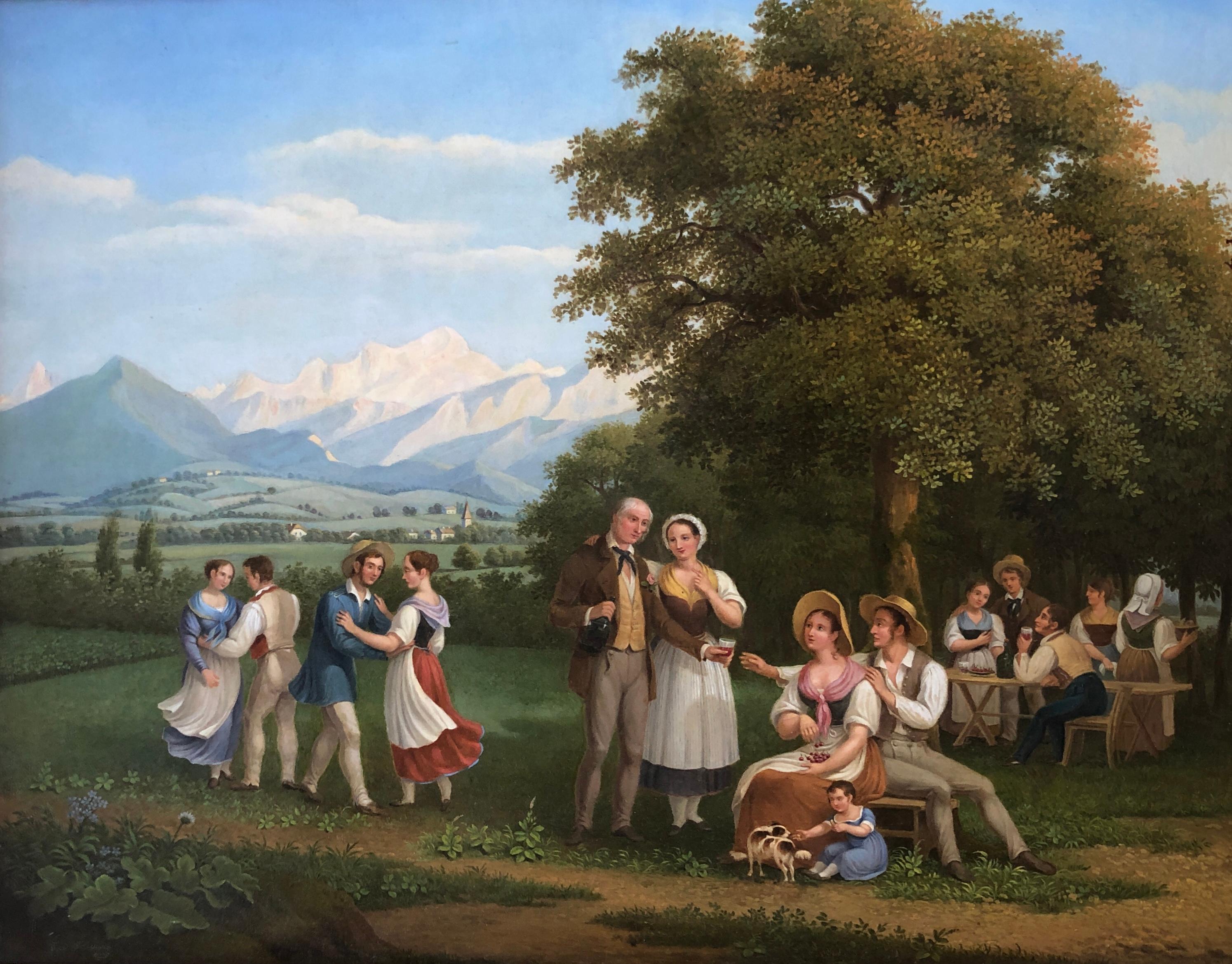 Frédéric Fregevize Landscape Painting - Country festival near Geneva with a view of Mont Blanc