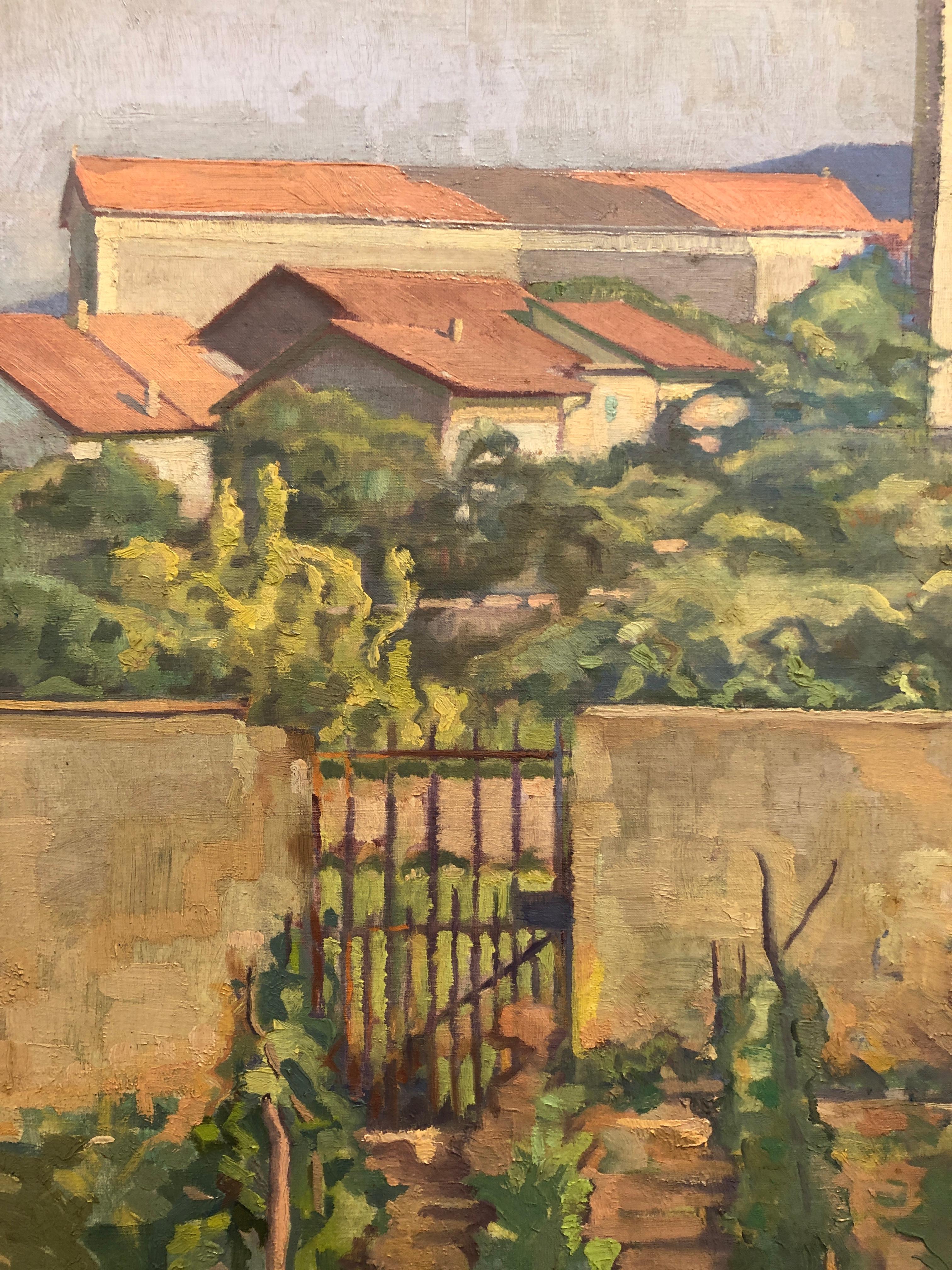 Desde el huerto vista de la iglesia de St François-de-Sales, Chêne-Bourg - Landscape Painting Marrón de Frédéric Goerg