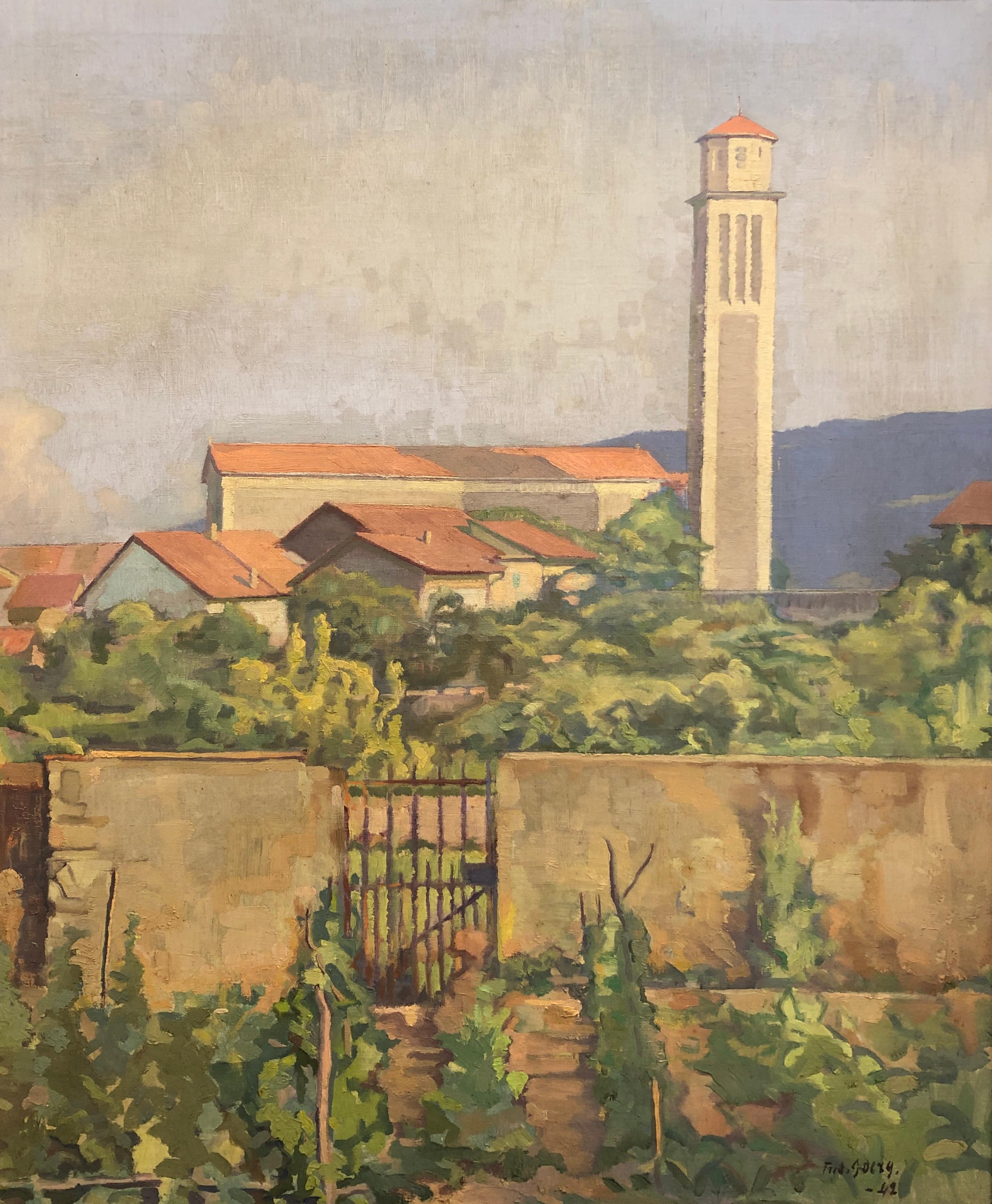 Landscape Painting de Frédéric Goerg - Desde el huerto vista de la iglesia de St François-de-Sales, Chêne-Bourg