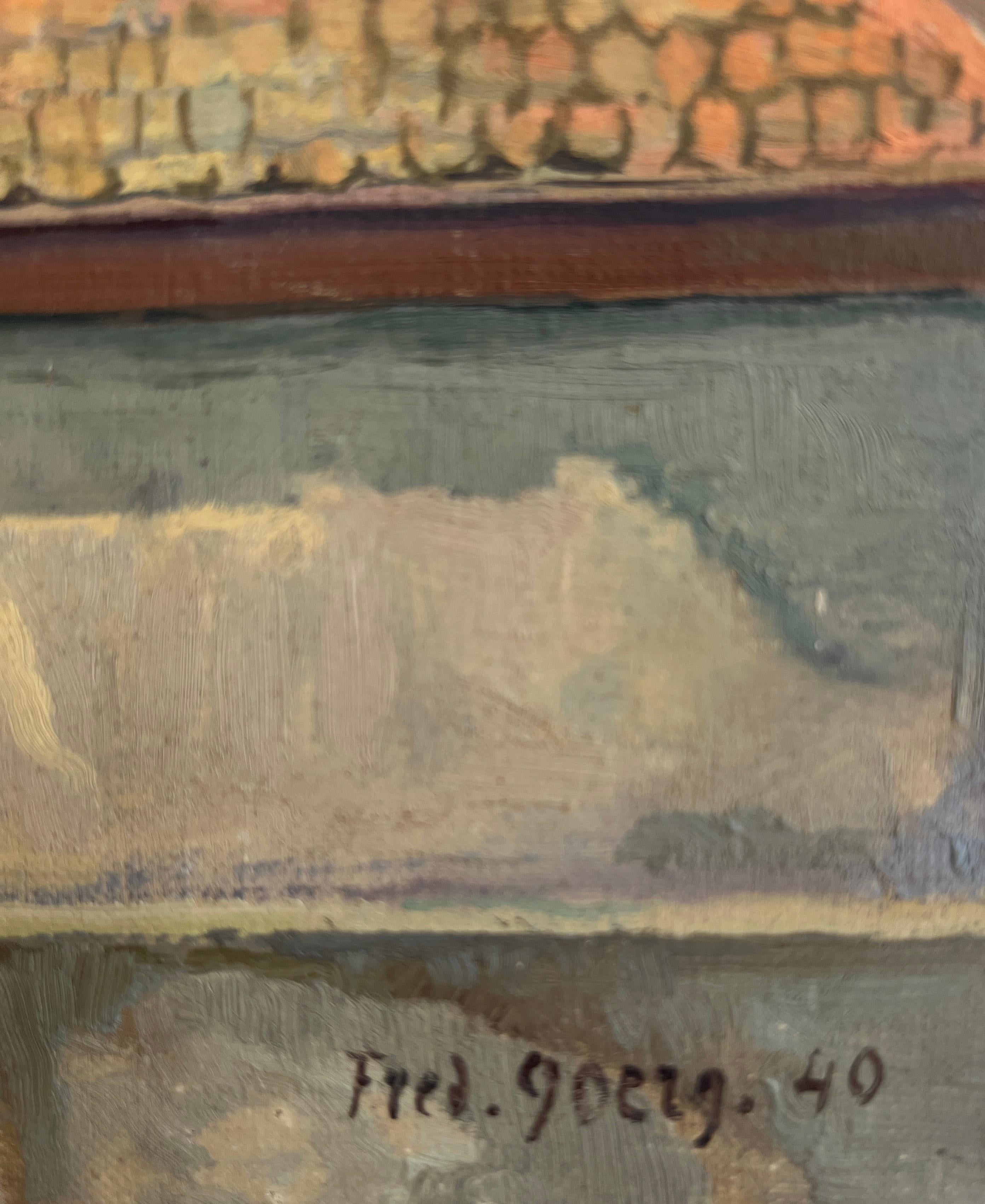Rooftop view - Brown Landscape Painting by Frédéric Goerg