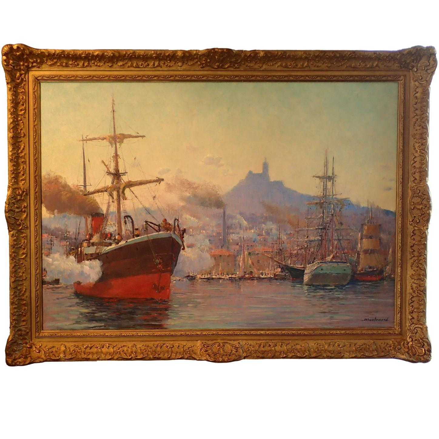 French Oil painting of a Cargo Ships in the Old Harbor of Marseille