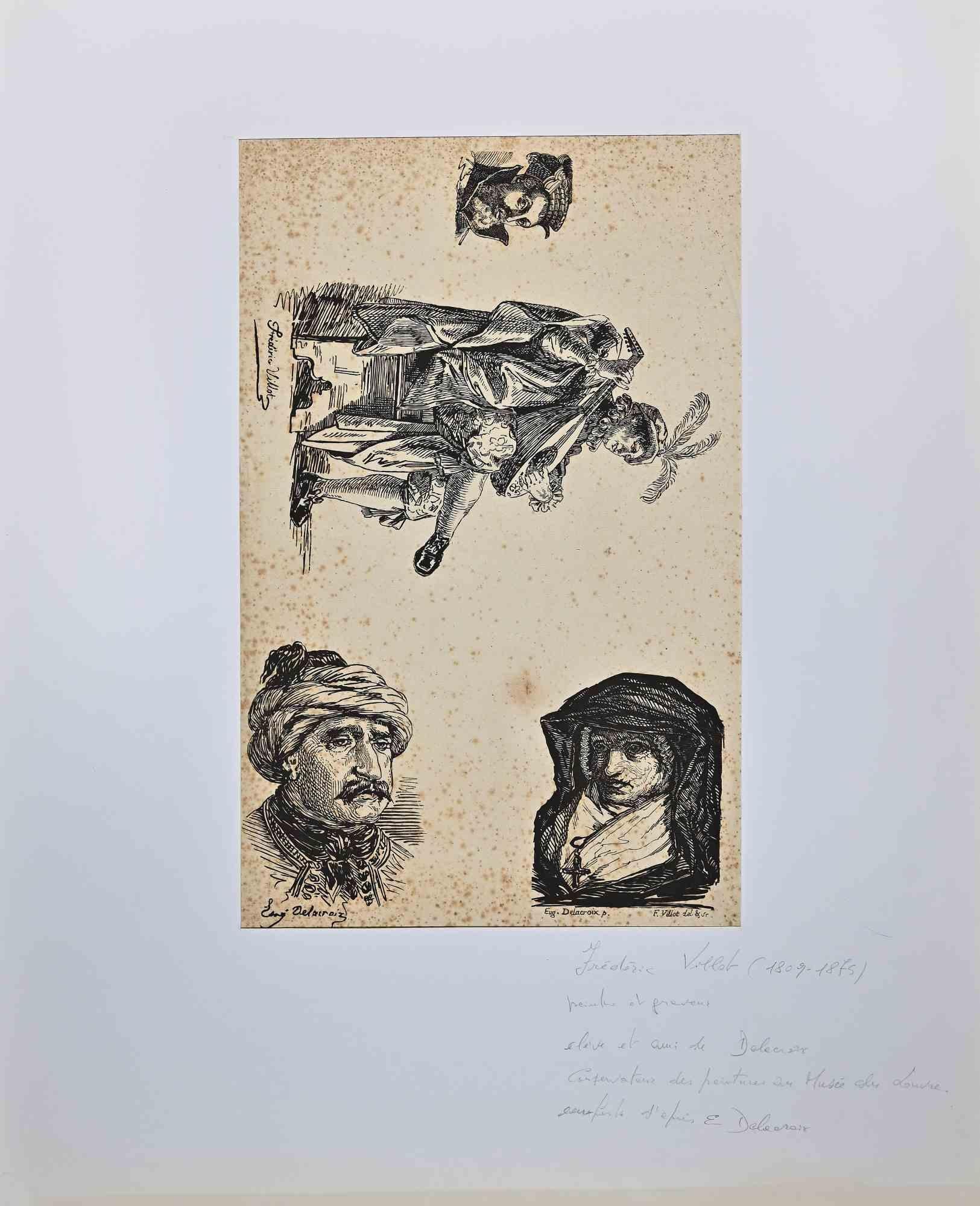 Portraits is an Original etching realized by Frédéric Villot (1809-1875) after Eugène Delacroix.

Good condition on a yellowed paper, included a white cardboard passpartout ( 64x51 cm).

Hand-signed by the artist on the margins.

The artwork