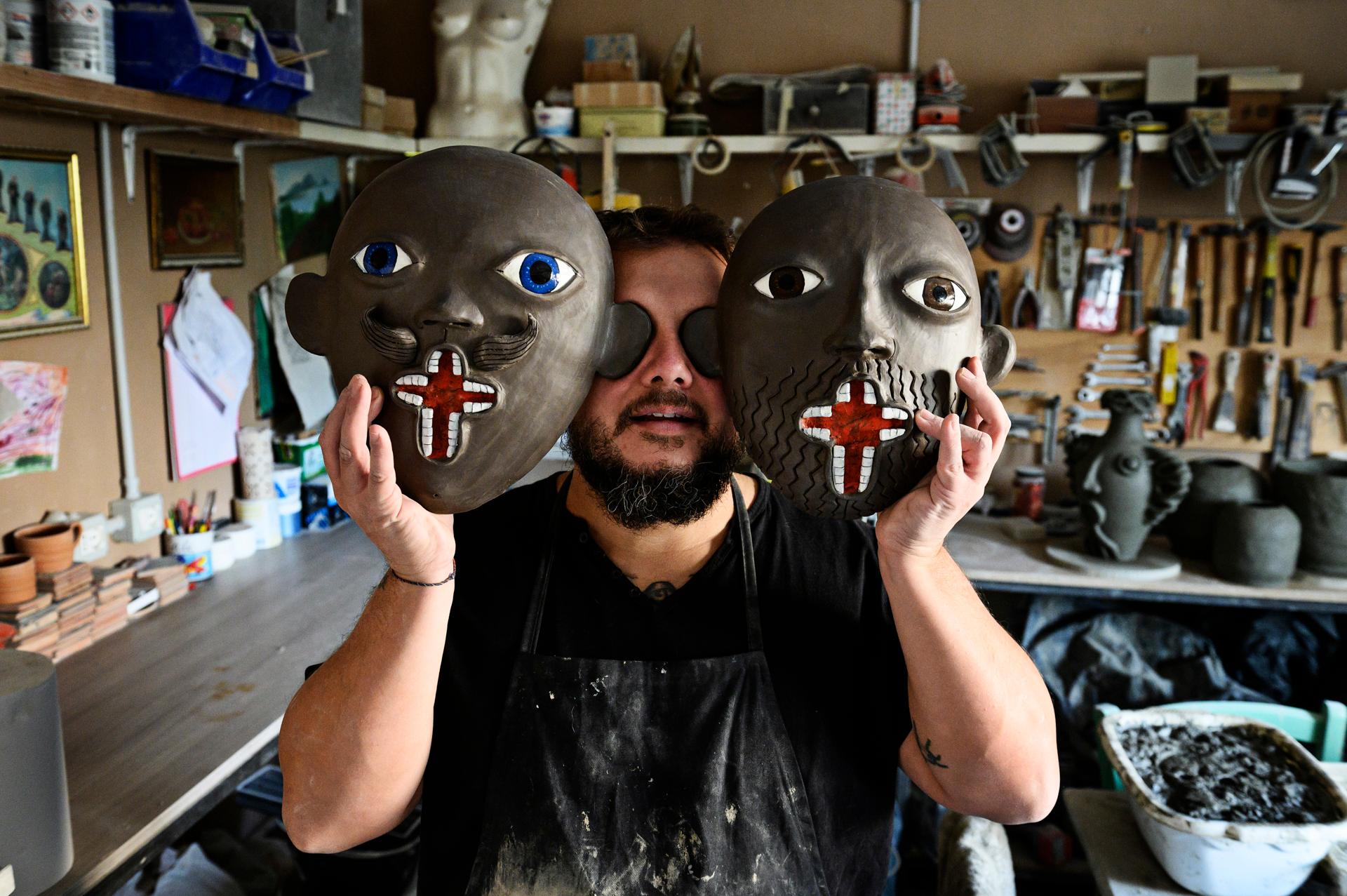 Contemporary Freaklab Trio Masks Made Entirely by Hand in Ceramic For Sale