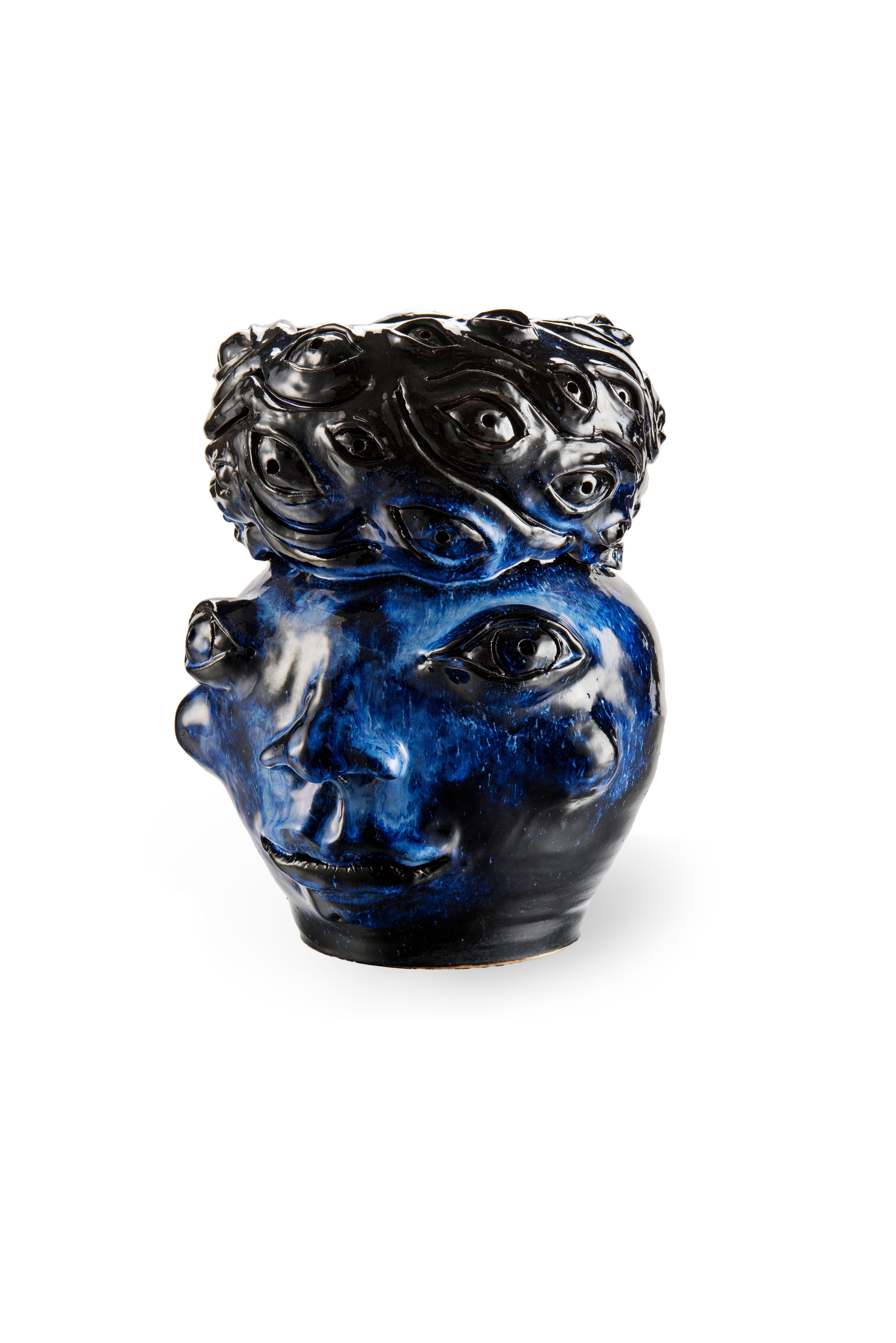 Italian Freaklab Vase Made Entirely by Hand in Ceramic, Blue-Black Color For Sale