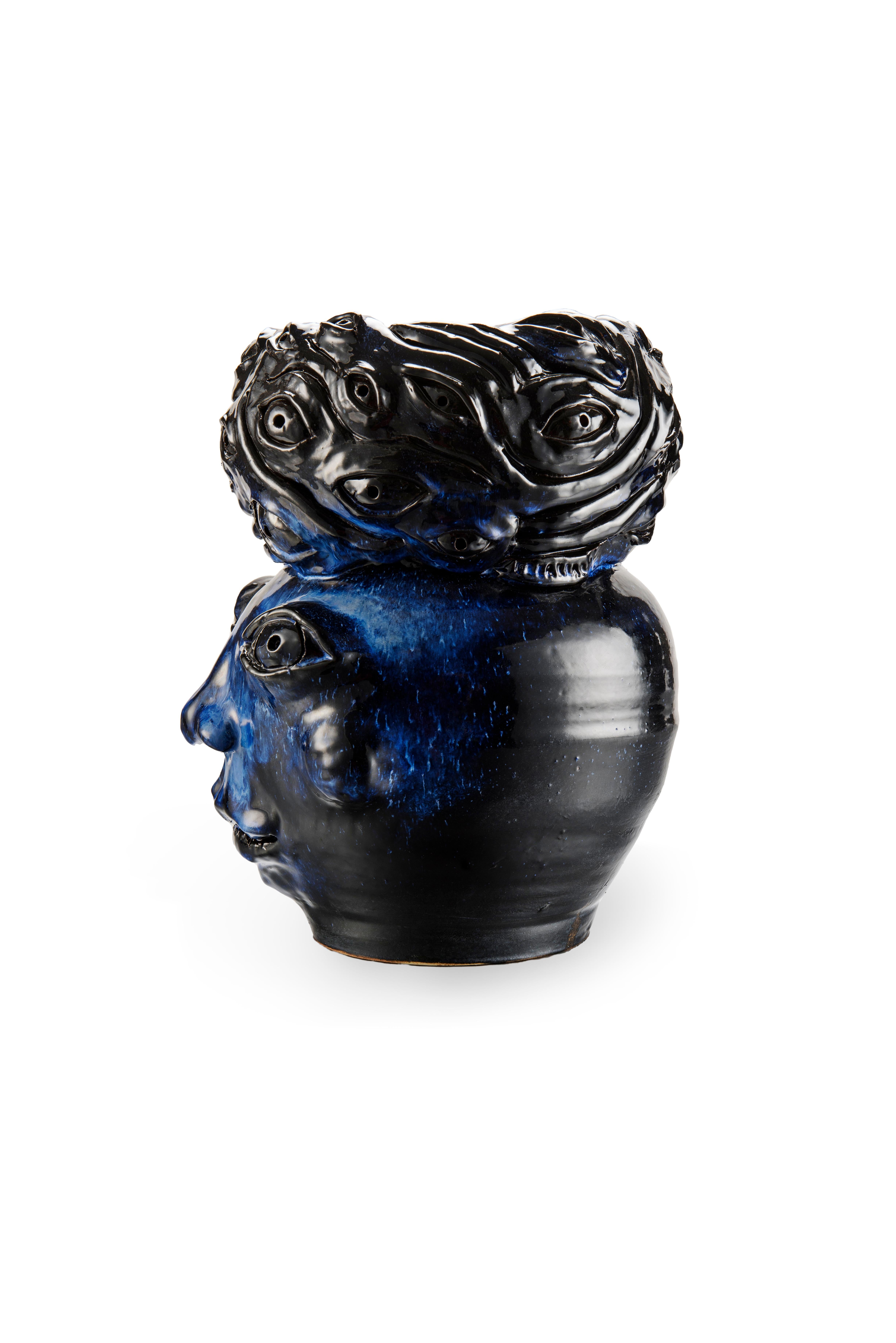 Enameled Freaklab Vase Made Entirely by Hand in Ceramic, Blue-Black Color For Sale