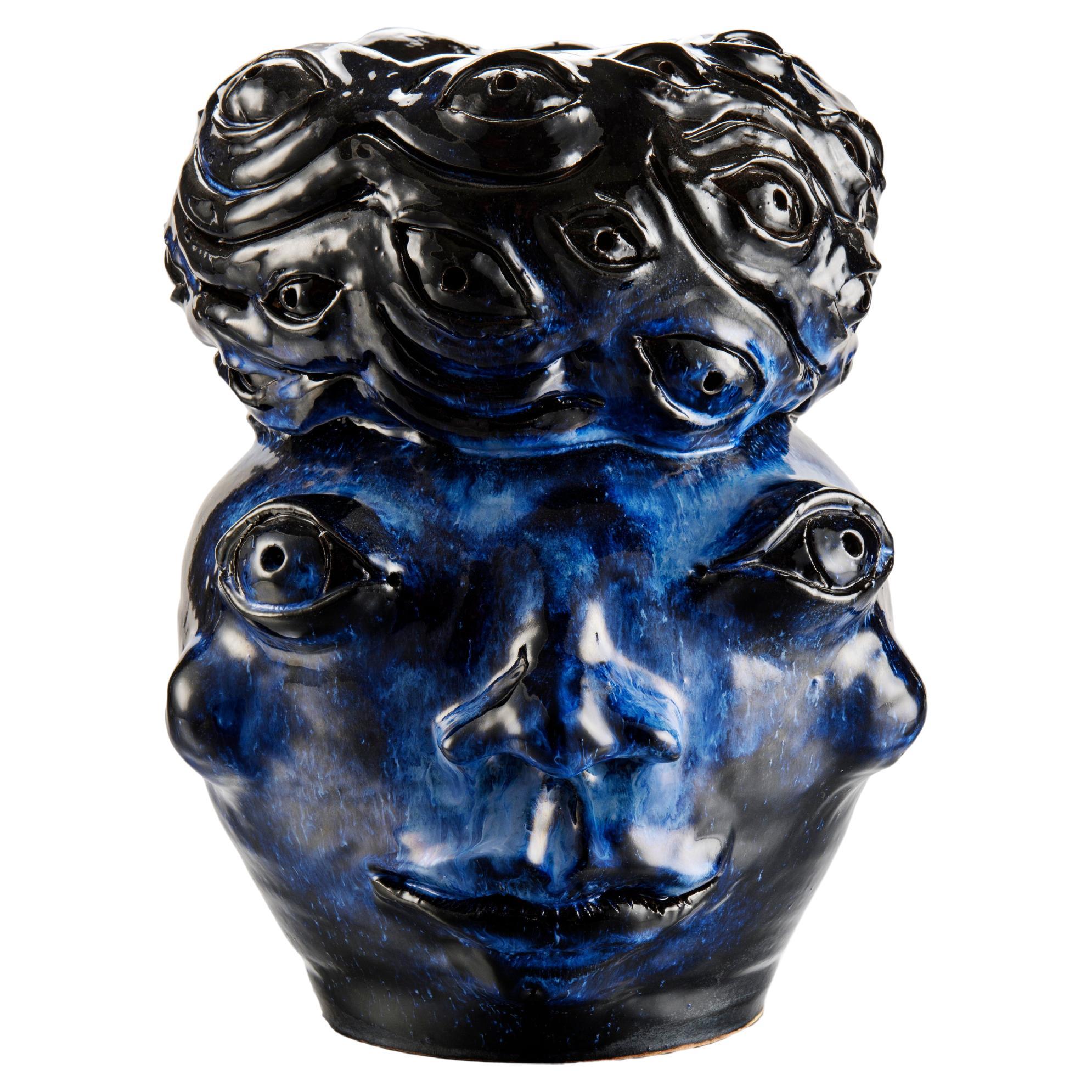 Freaklab Vase Made Entirely by Hand in Ceramic, Blue-Black Color For Sale