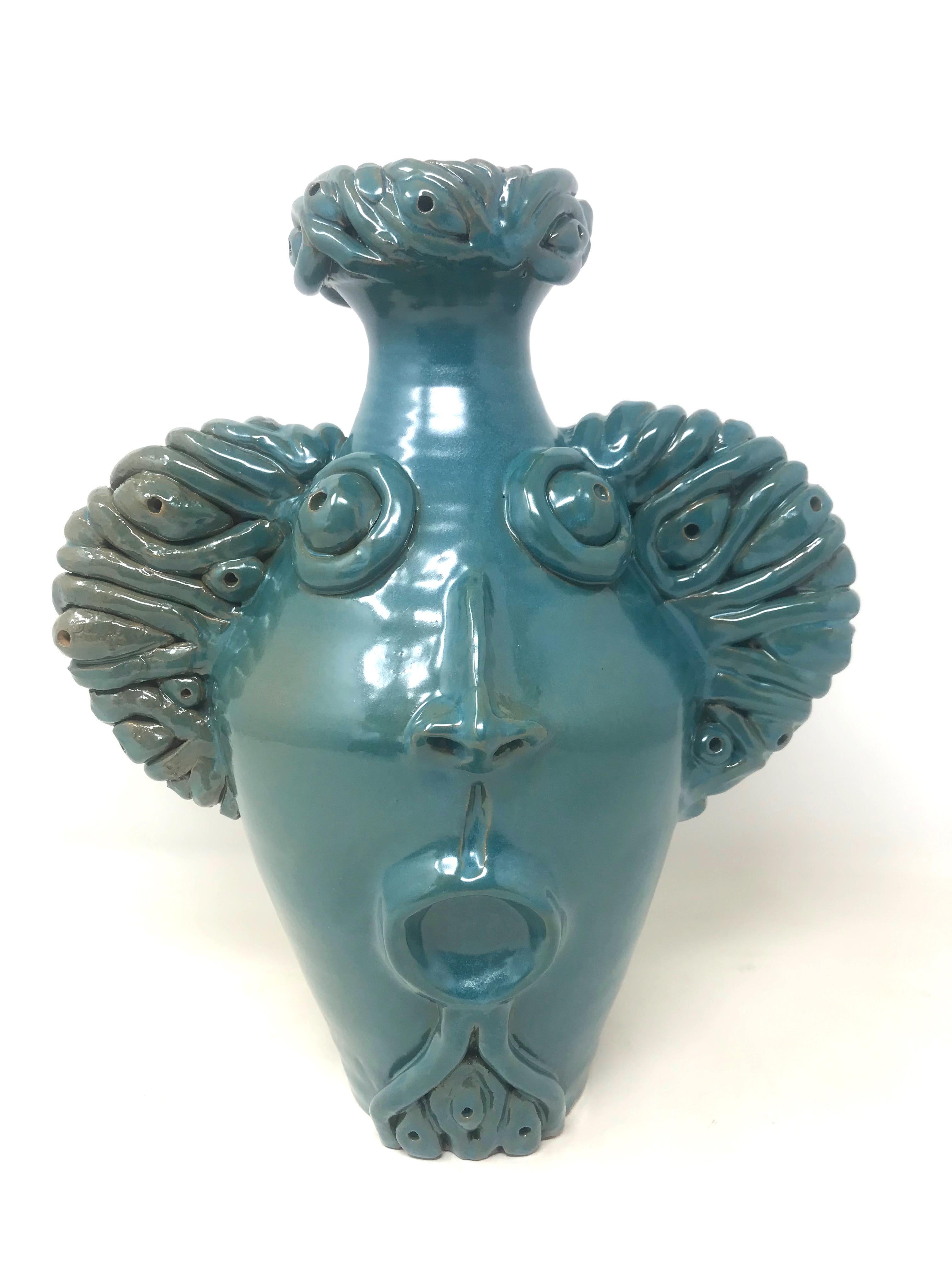Freaklab Vase Made Entirely by Hand in Ceramic, Iridescent Blue Color For Sale 4