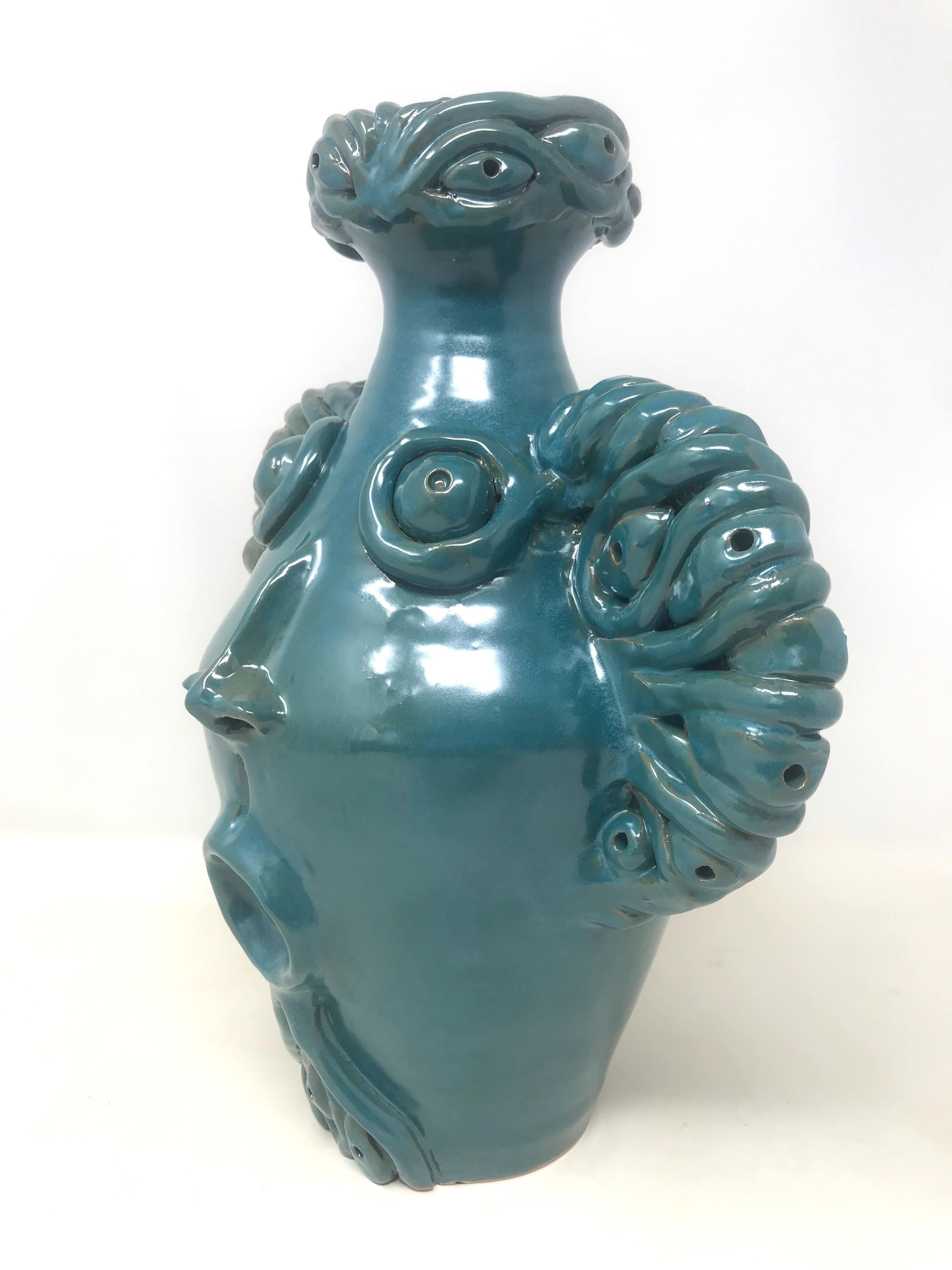 Freaklab Vase Made Entirely by Hand in Ceramic, Iridescent Blue Color For Sale 3