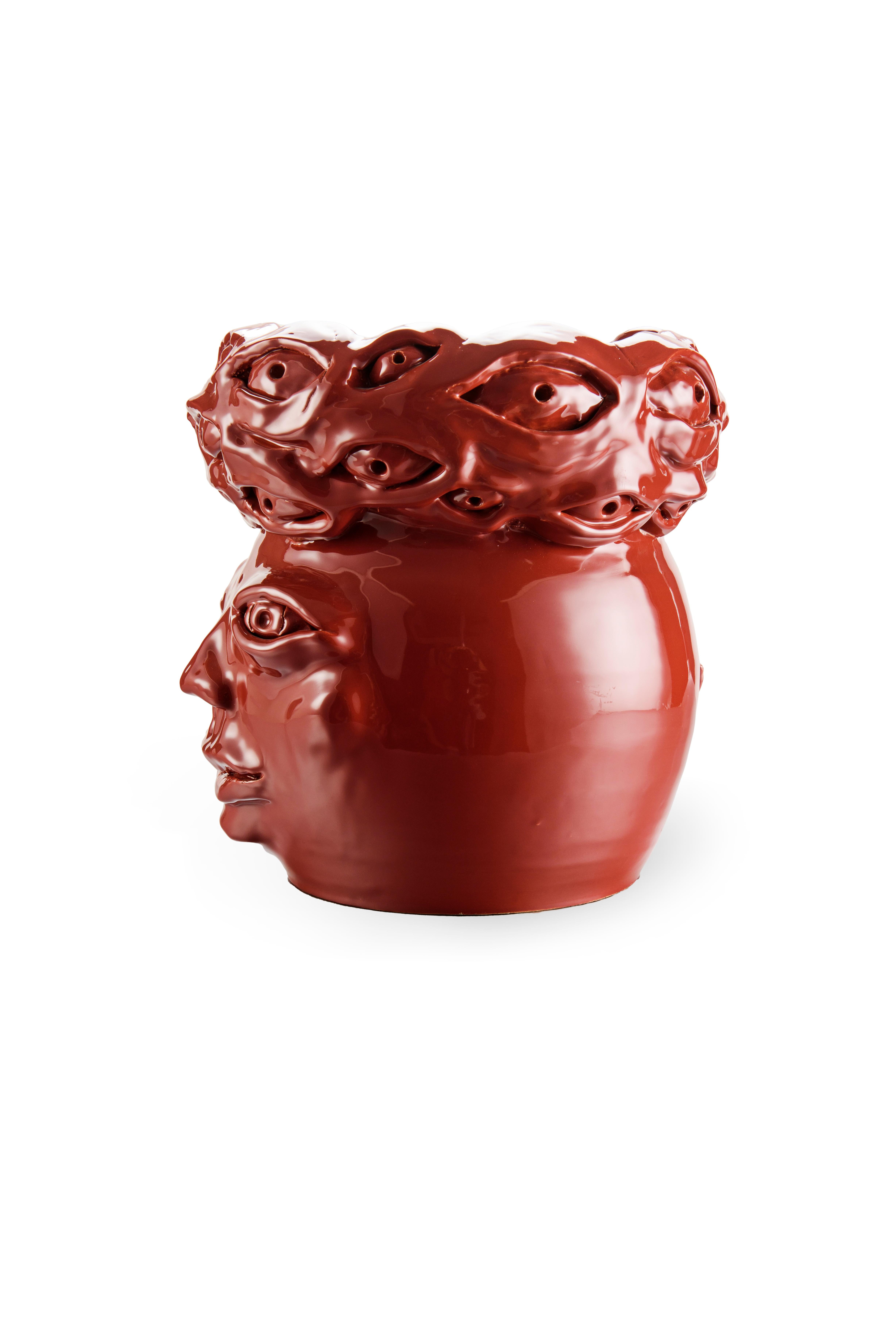 Italian Freaklab vase made entirely by hand in ceramic, warm red color For Sale