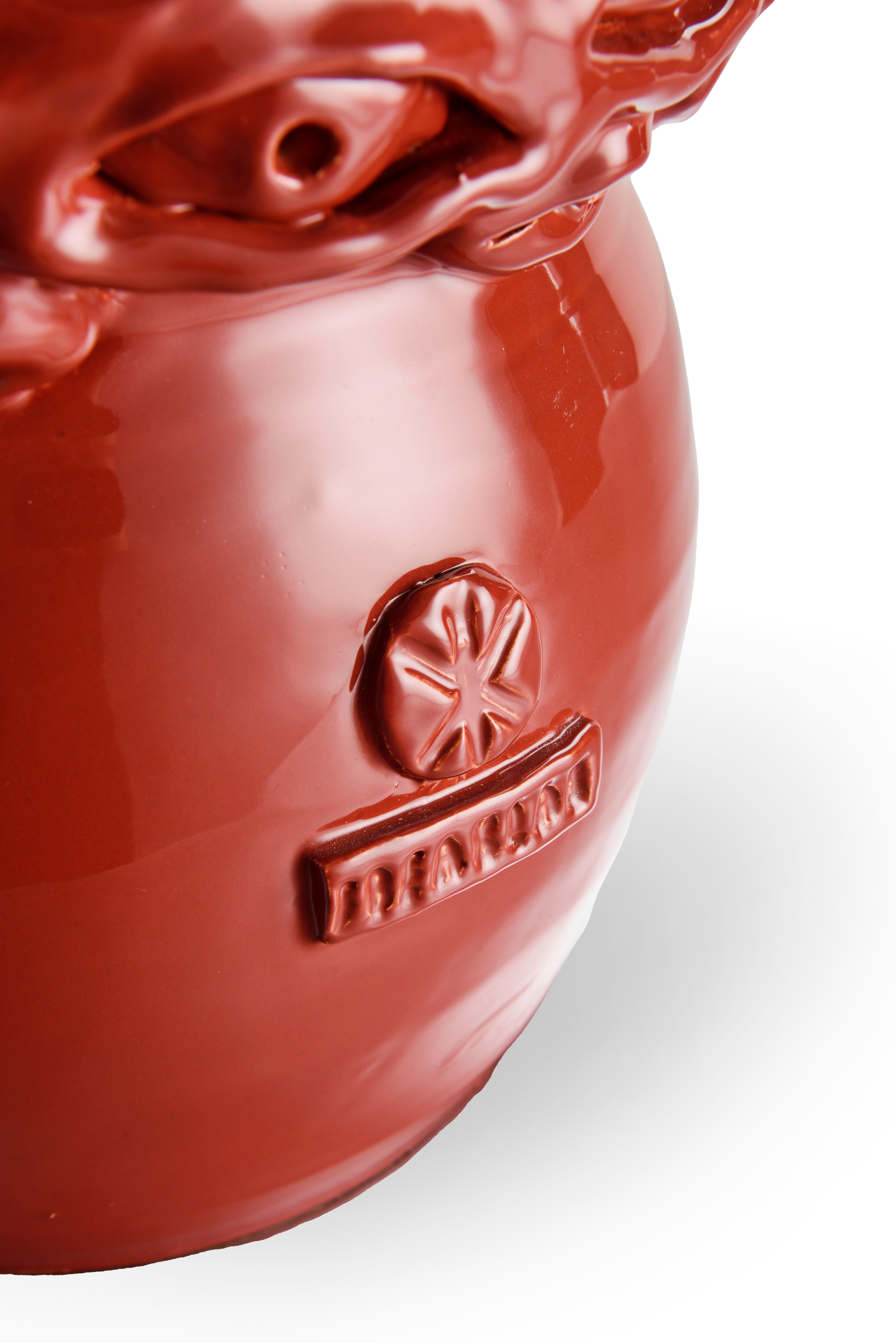 Enameled Freaklab vase made entirely by hand in ceramic, warm red color For Sale