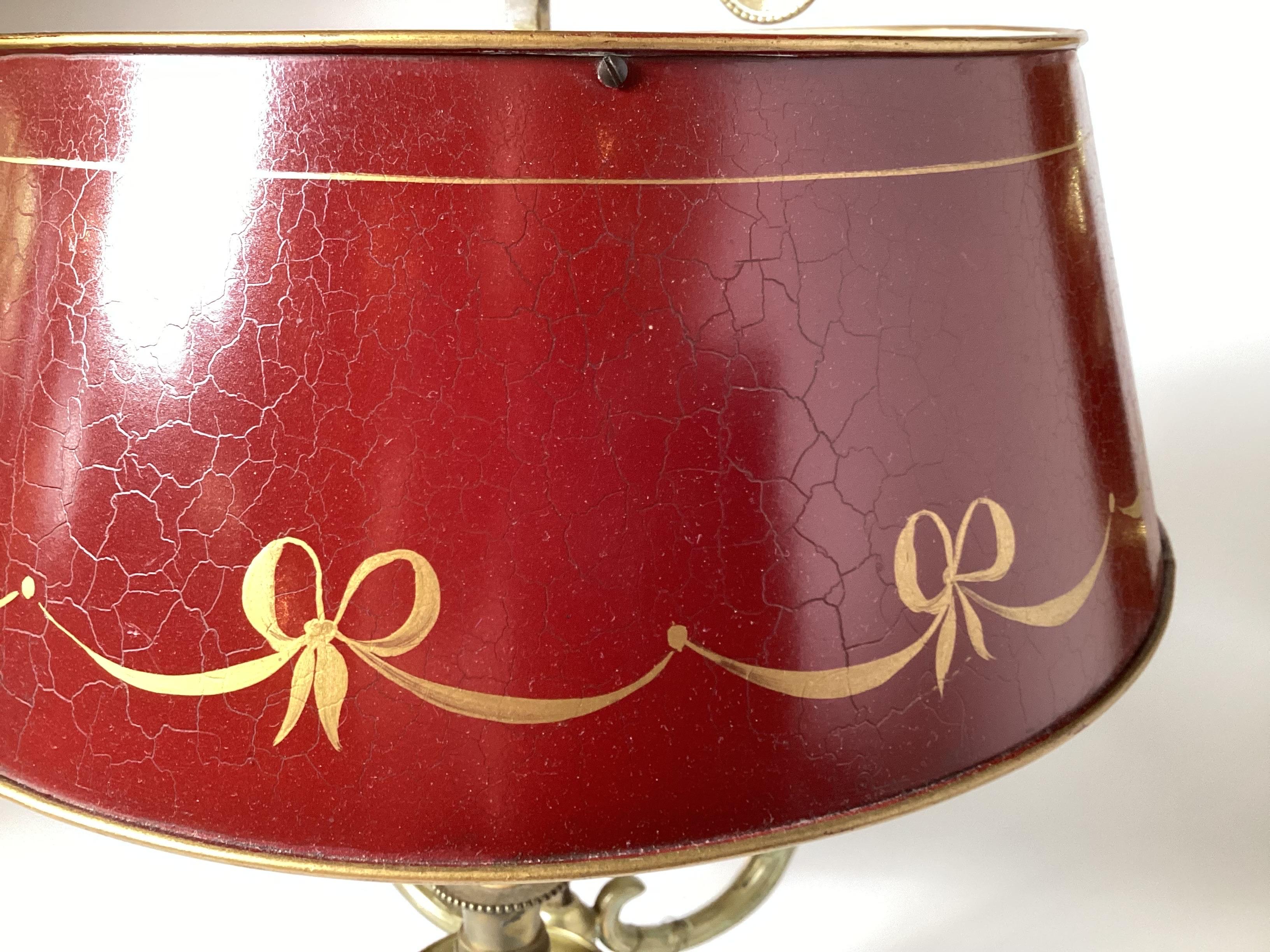 Early 20th Century French 3 Arm Bouillette table lamp with a hand painted tole shade. French wired, adjustable shade height.