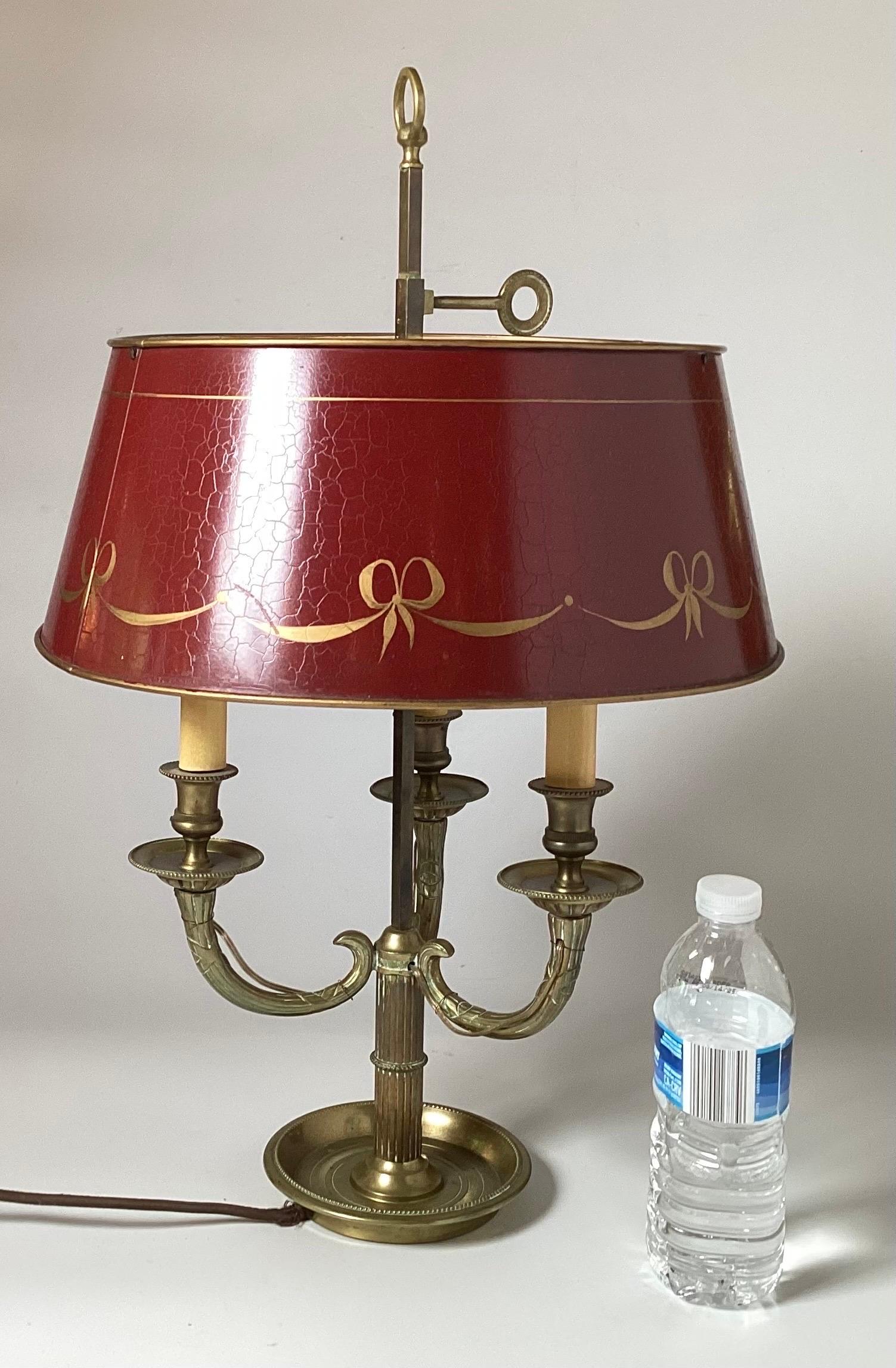 Louis XV Frech 3 Arm Bouillotte Table Lamp W/Hand Painted Tole Shade For Sale