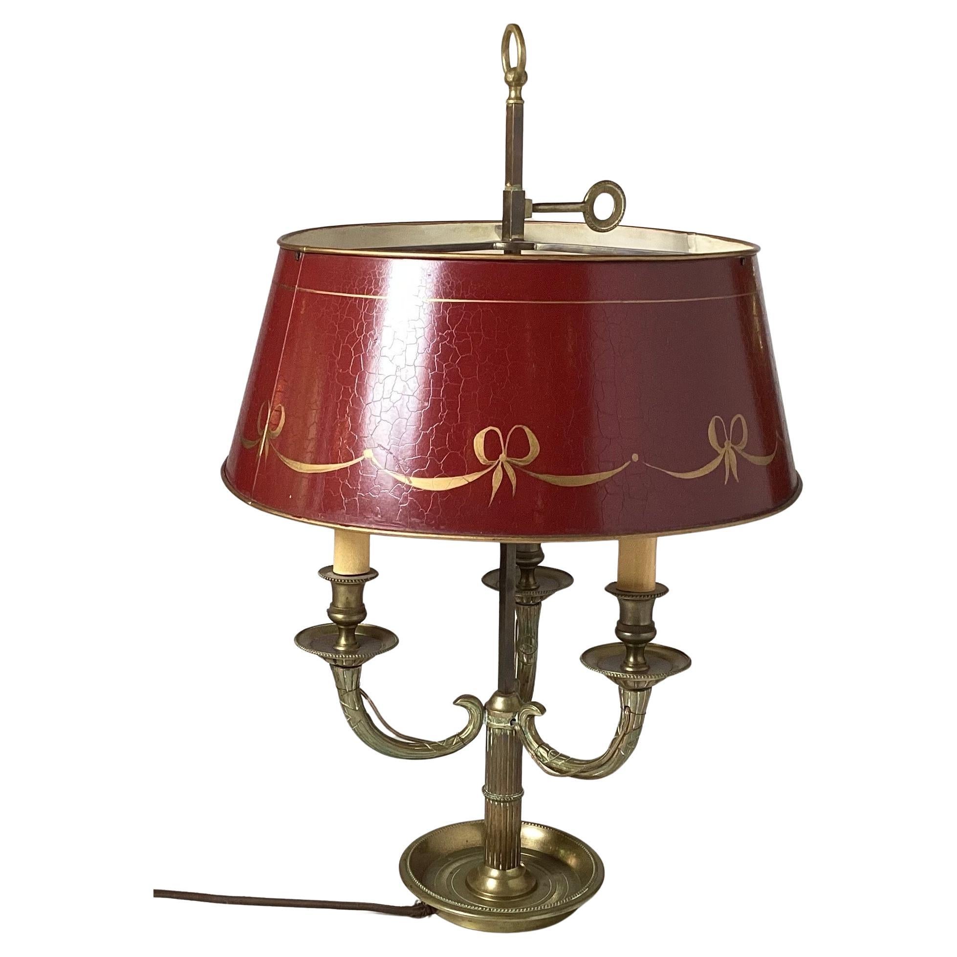 Frech 3 Arm Bouillotte Table Lamp W/Hand Painted Tole Shade