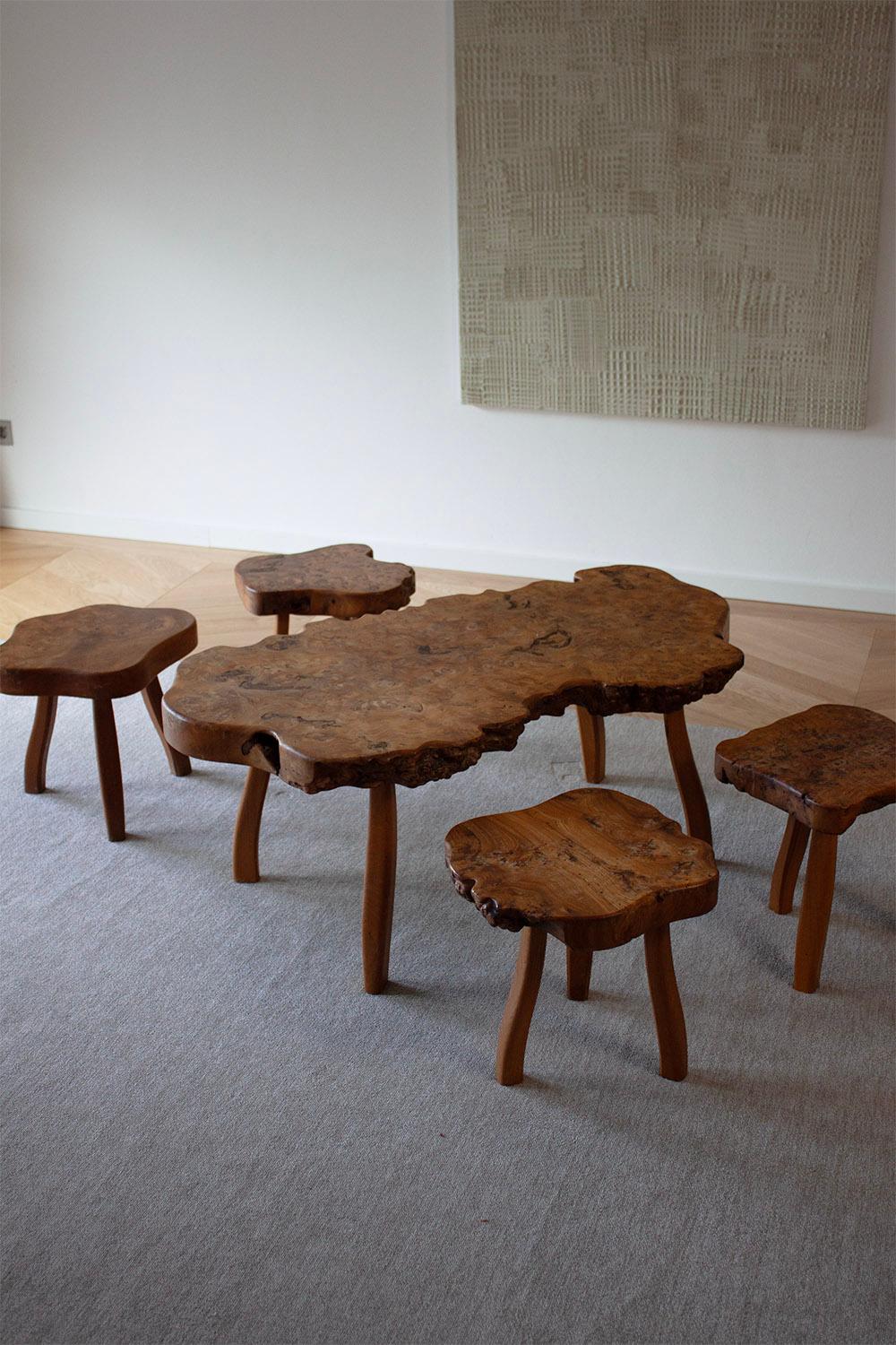 Frechn hand made burl wood low table with 4 burl wood stools For Sale 4