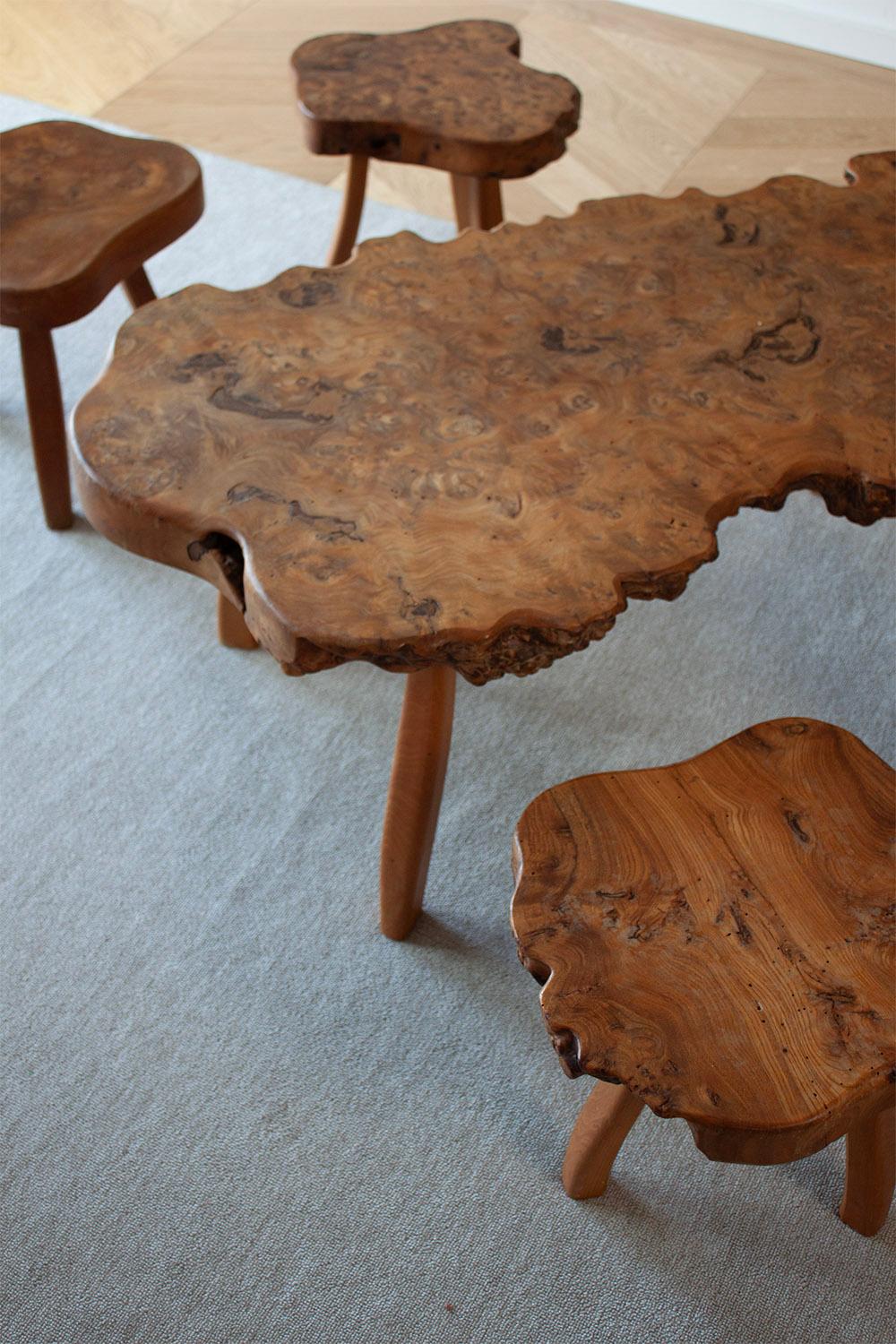 Frechn hand made burl wood low table with 4 burl wood stools For Sale 5