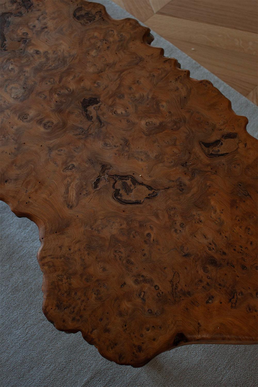 Frechn hand made burl wood low table with 4 burl wood stools For Sale 1