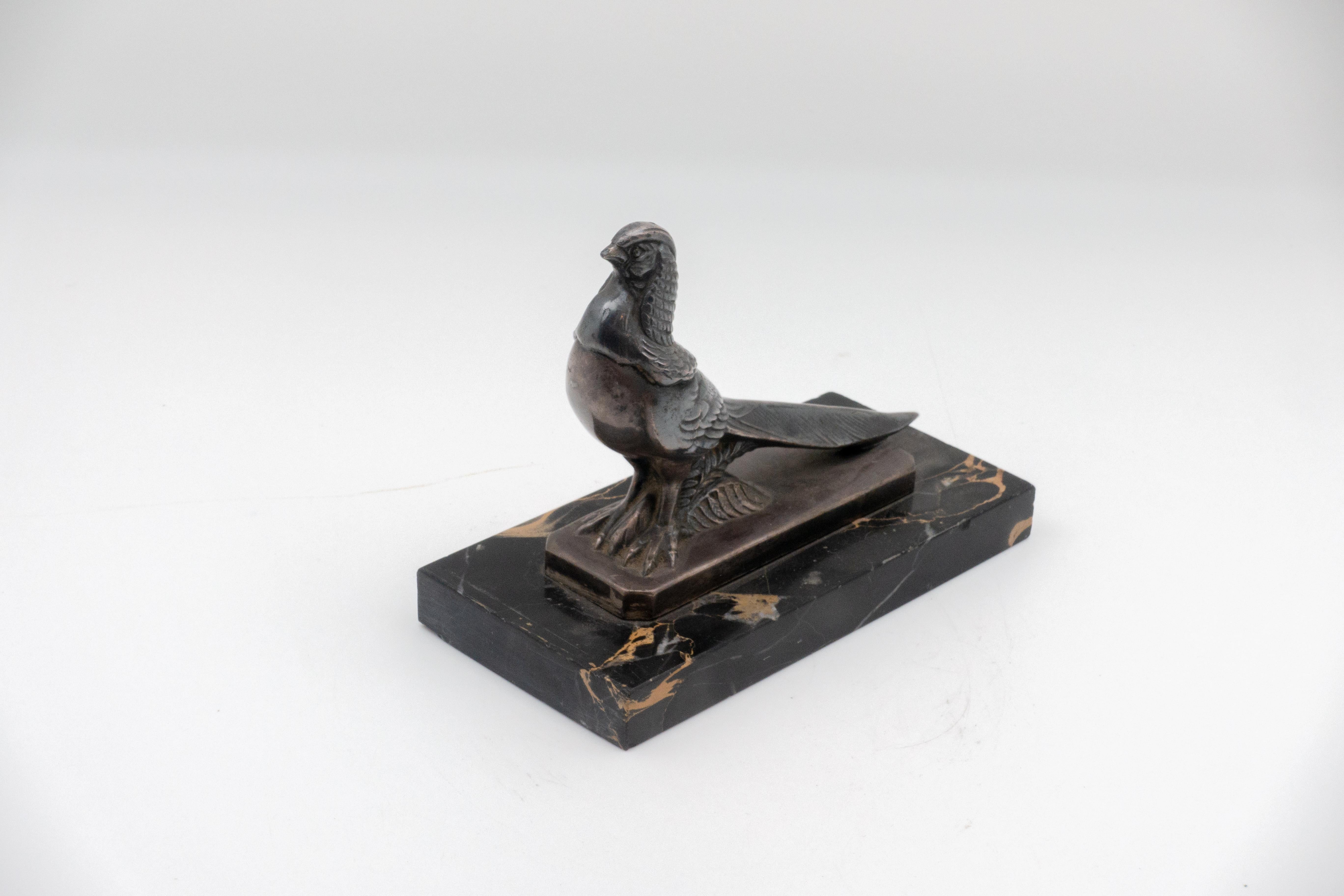 Silvered bronze pheasant on marble base by Maurice Frécourt. Engraved by artist.