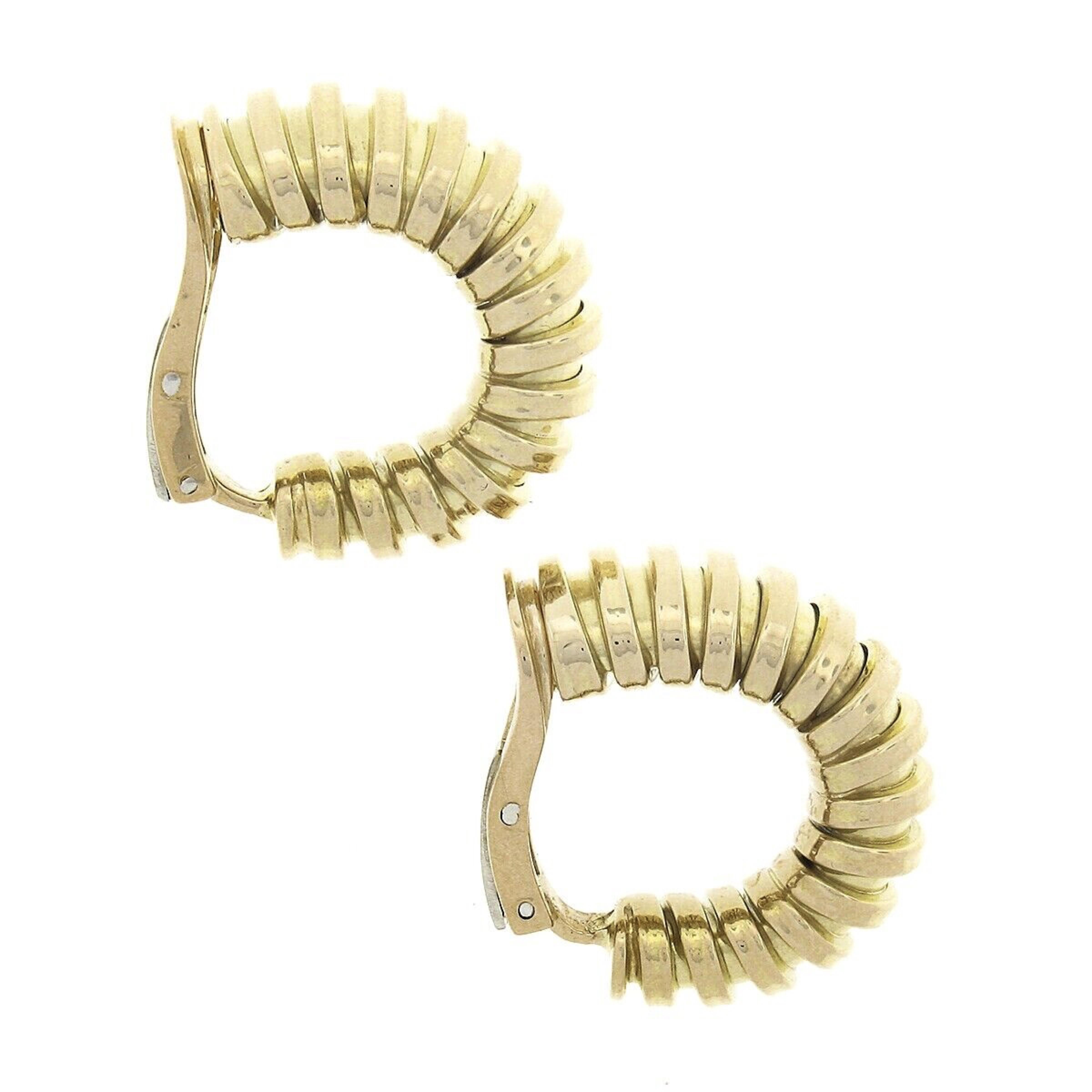 Women's Fred 14K Yellow Gold Graduated Grooved Polished Hoop Huggie Clip on Earrings For Sale