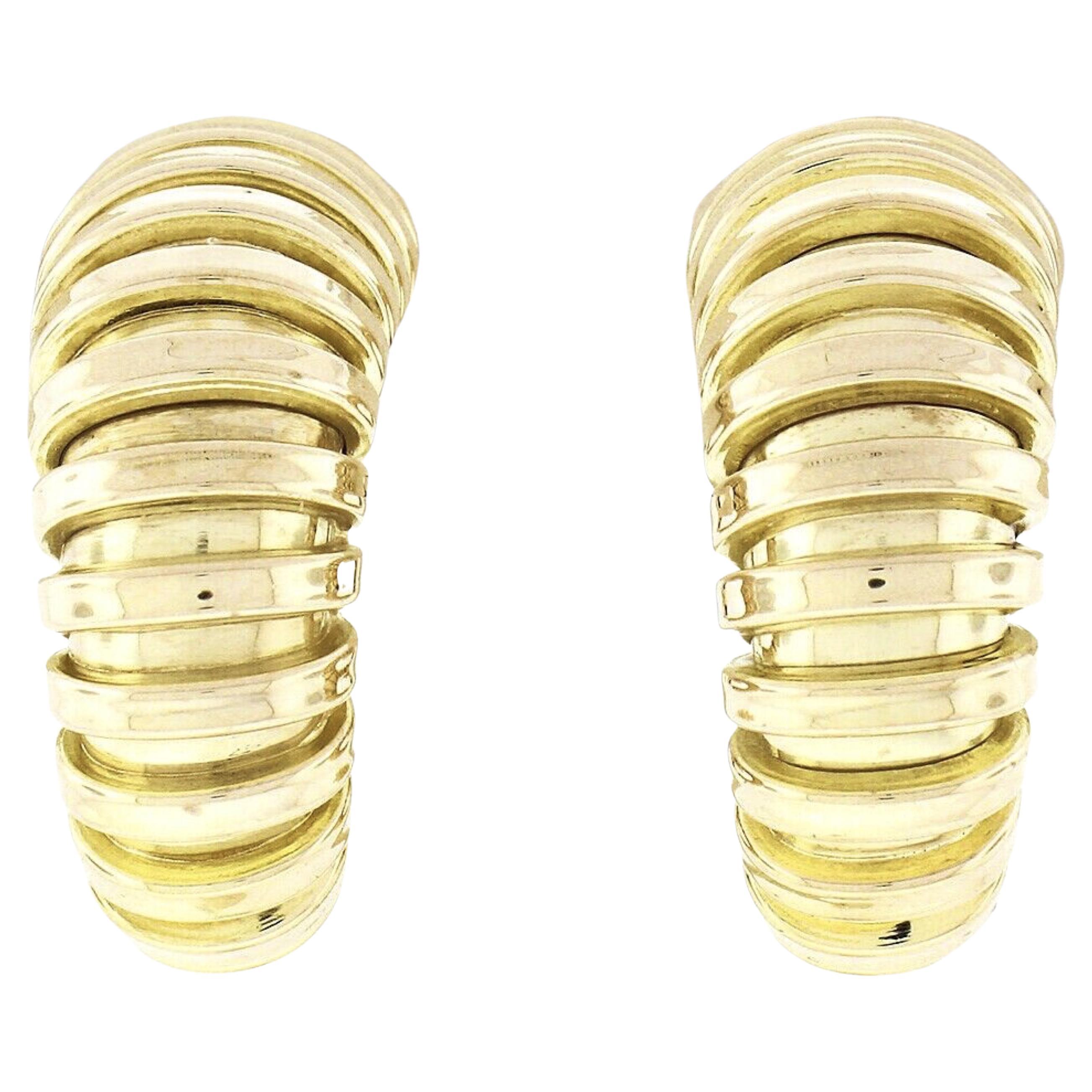 Fred 14K Yellow Gold Graduated Grooved Polished Hoop Huggie Clip on Earrings For Sale