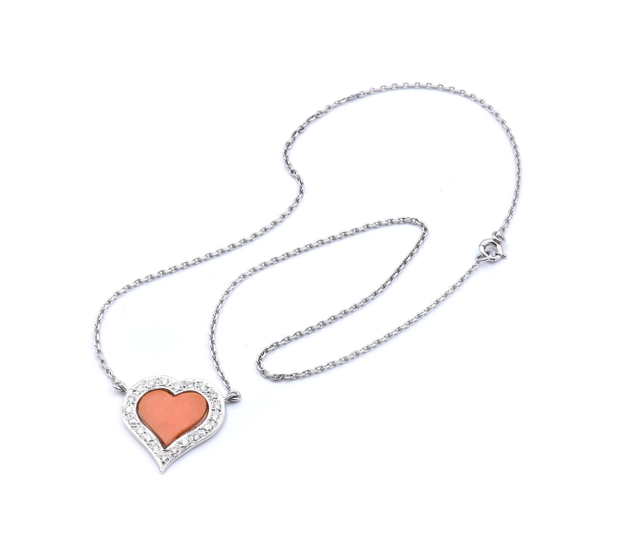 Round Cut Fred 18 Karat White Gold Coral and Diamond Heart Necklace For Sale