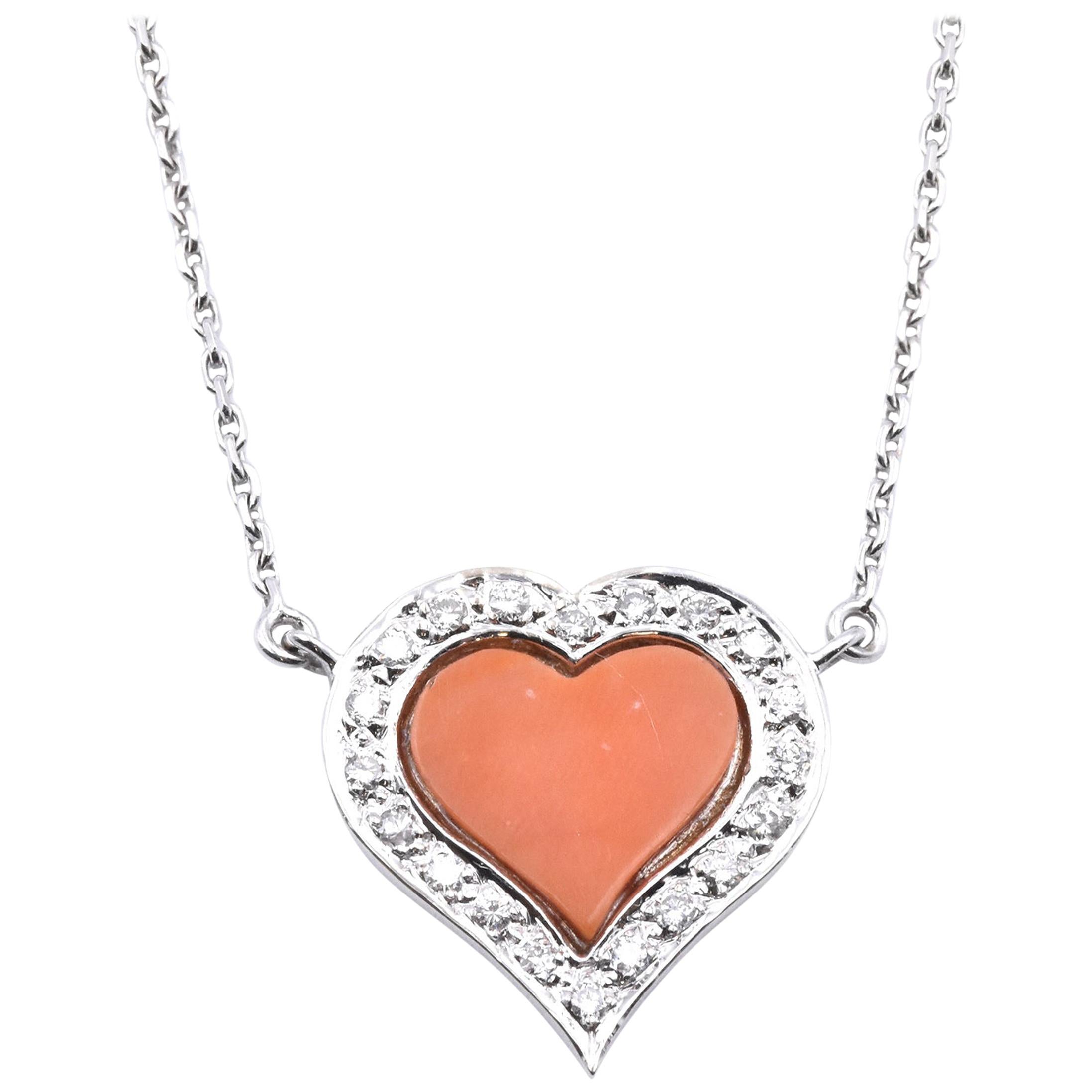 Fred 18 Karat White Gold Coral and Diamond Heart Necklace For Sale