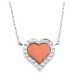 Fred 18 Karat White Gold Coral and Diamond Heart Necklace