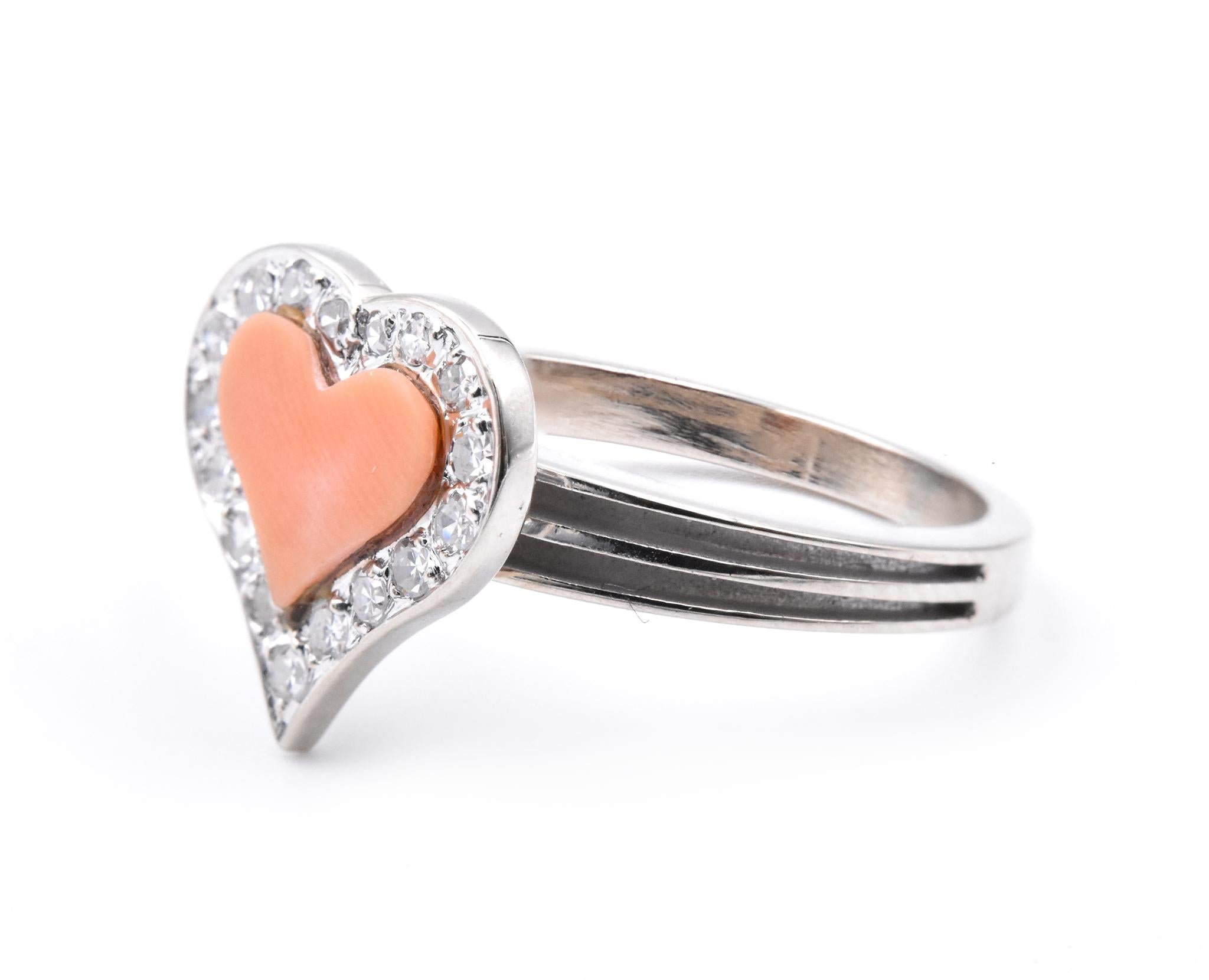 Round Cut Fred 18 Karat White Gold Coral and Diamond Heart Ring