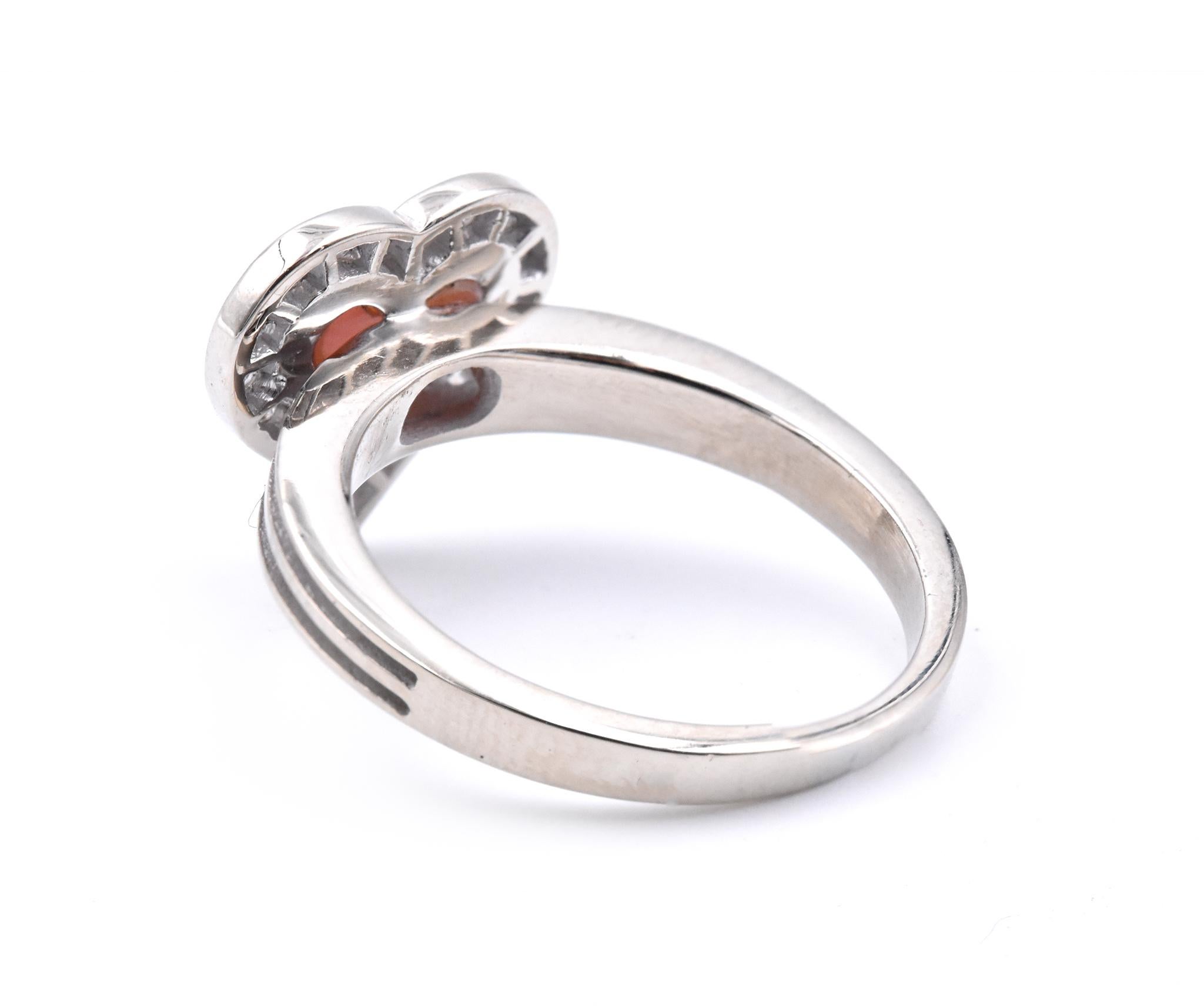 Fred 18 Karat White Gold Coral and Diamond Heart Ring In Excellent Condition In Scottsdale, AZ