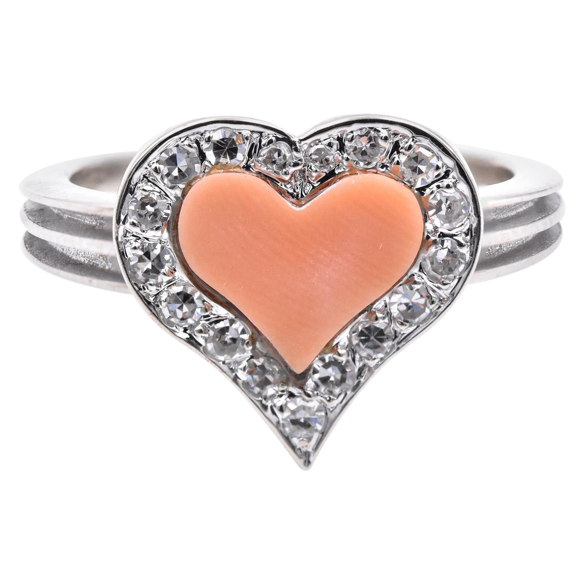 Fred 18 Karat White Gold Coral and Diamond Heart Ring