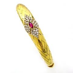 Fred 18 Karat Yellow Gold Ruby Diamond Bangle Bracelet