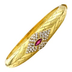 Vintage Fred 18 Karat Yellow Gold Ruby Diamond Bangle Bracelet