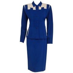 Fred A. Block Blue and Ivory Gabardine Block-Color Deco Jacket Skirt Suit, 1945