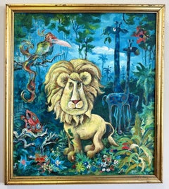 Fred Alseth, Whimsical Jungle Animal Painting, Acrylic on Masonite Board, 1960s