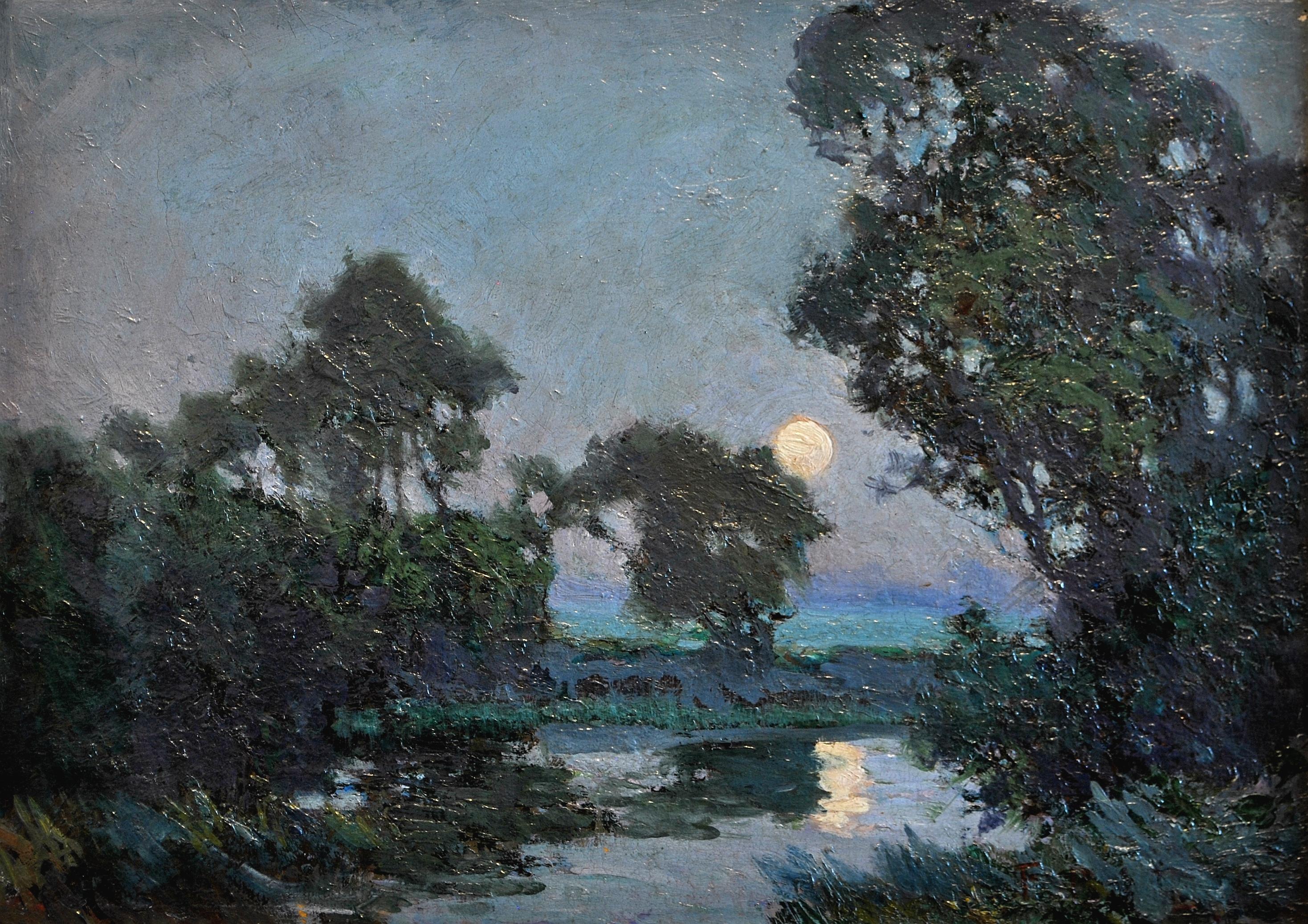 A beautiful early 20th century oil on board depicting a moonlit river landscape, by Northern English artist Fred Balshaw. 

Excellent quality and very atmospheric work. Signed with initials lower right and presented in a painted frame. Sold at