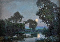 Moonlit River Landscape - Early 20th Century English Antique Oil Painting