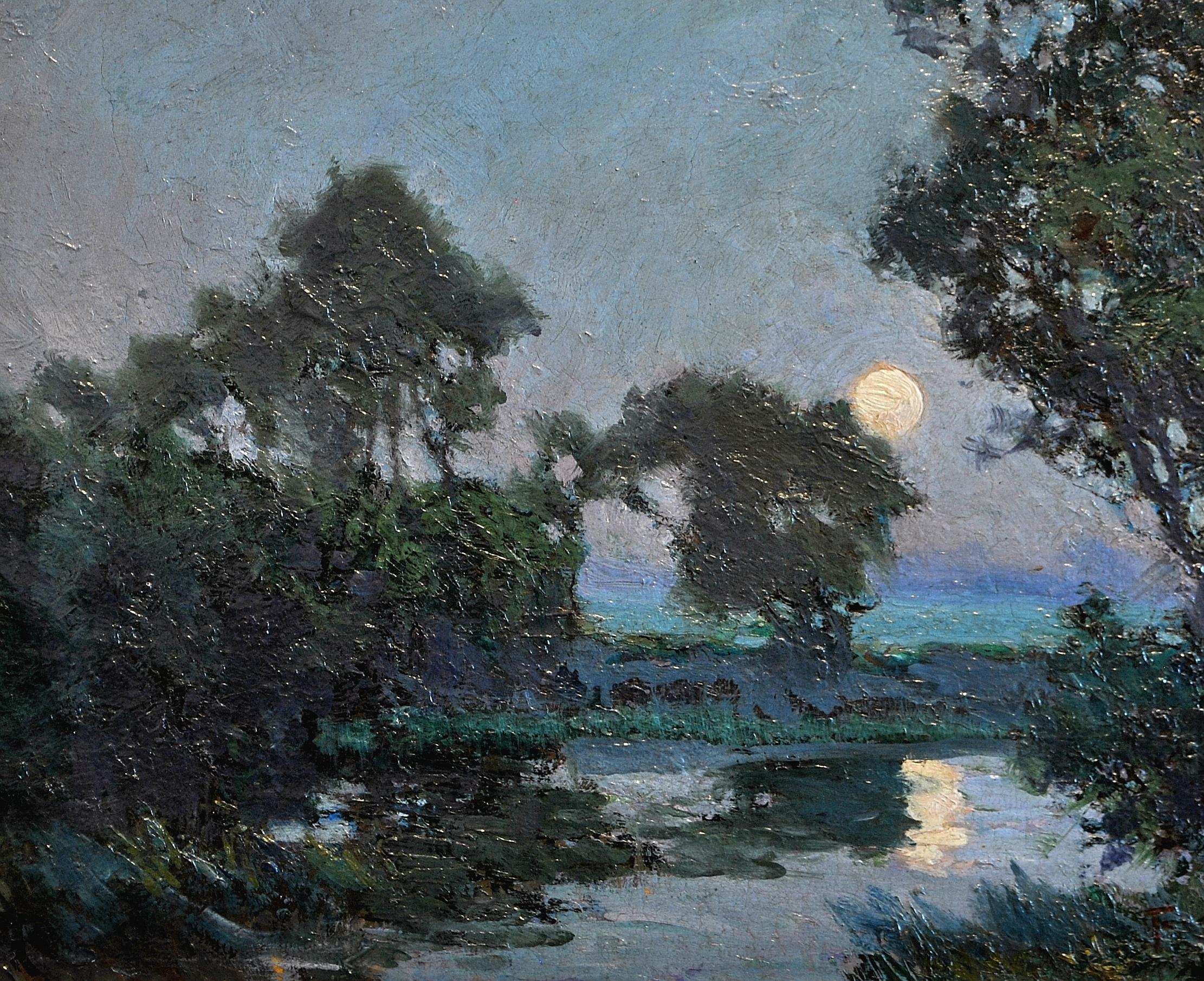 Moonlit River Landscape - Early 20th Century English Antique Oil Painting For Sale 1
