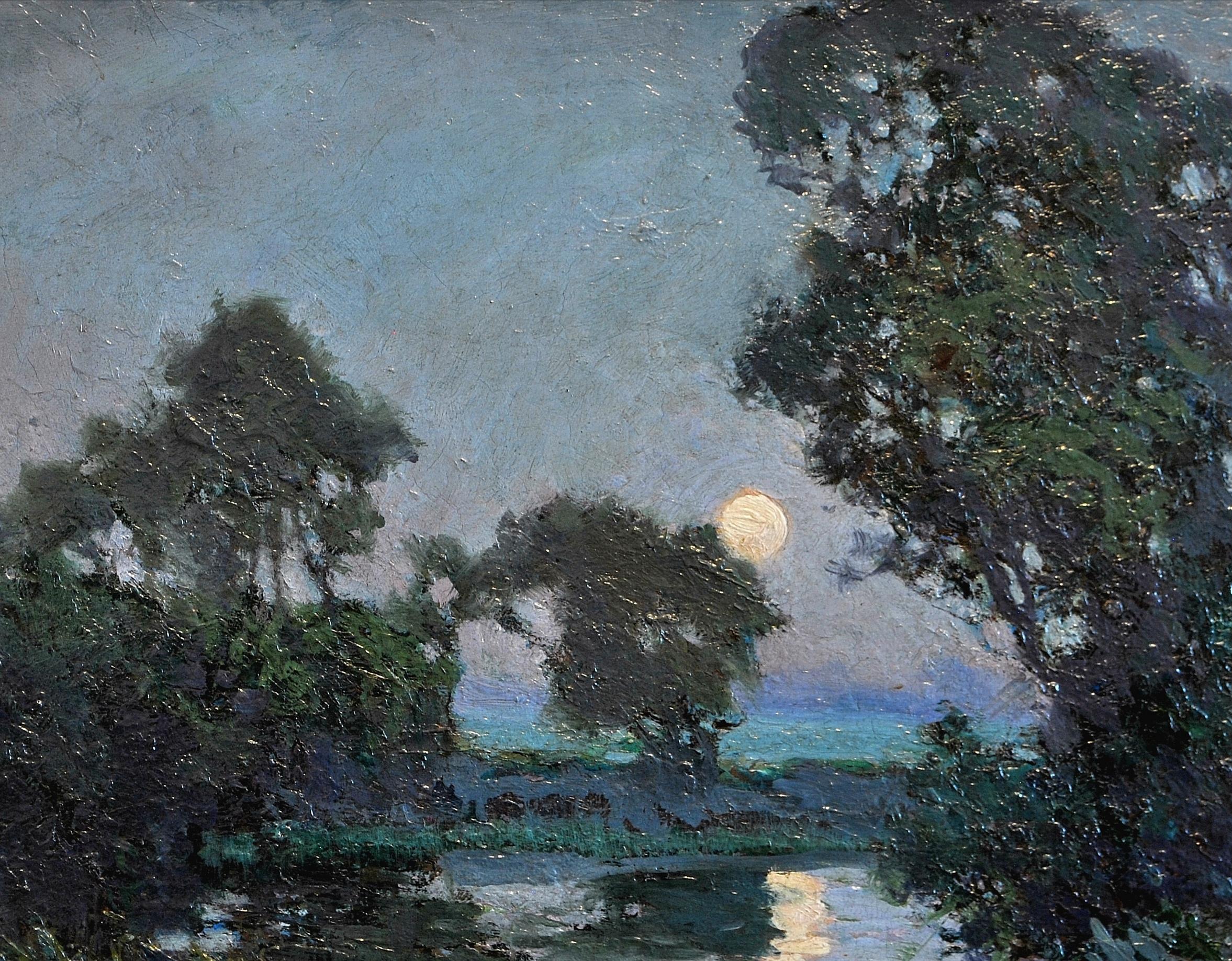 Moonlit River Landscape - Early 20th Century English Antique Oil Painting For Sale 2
