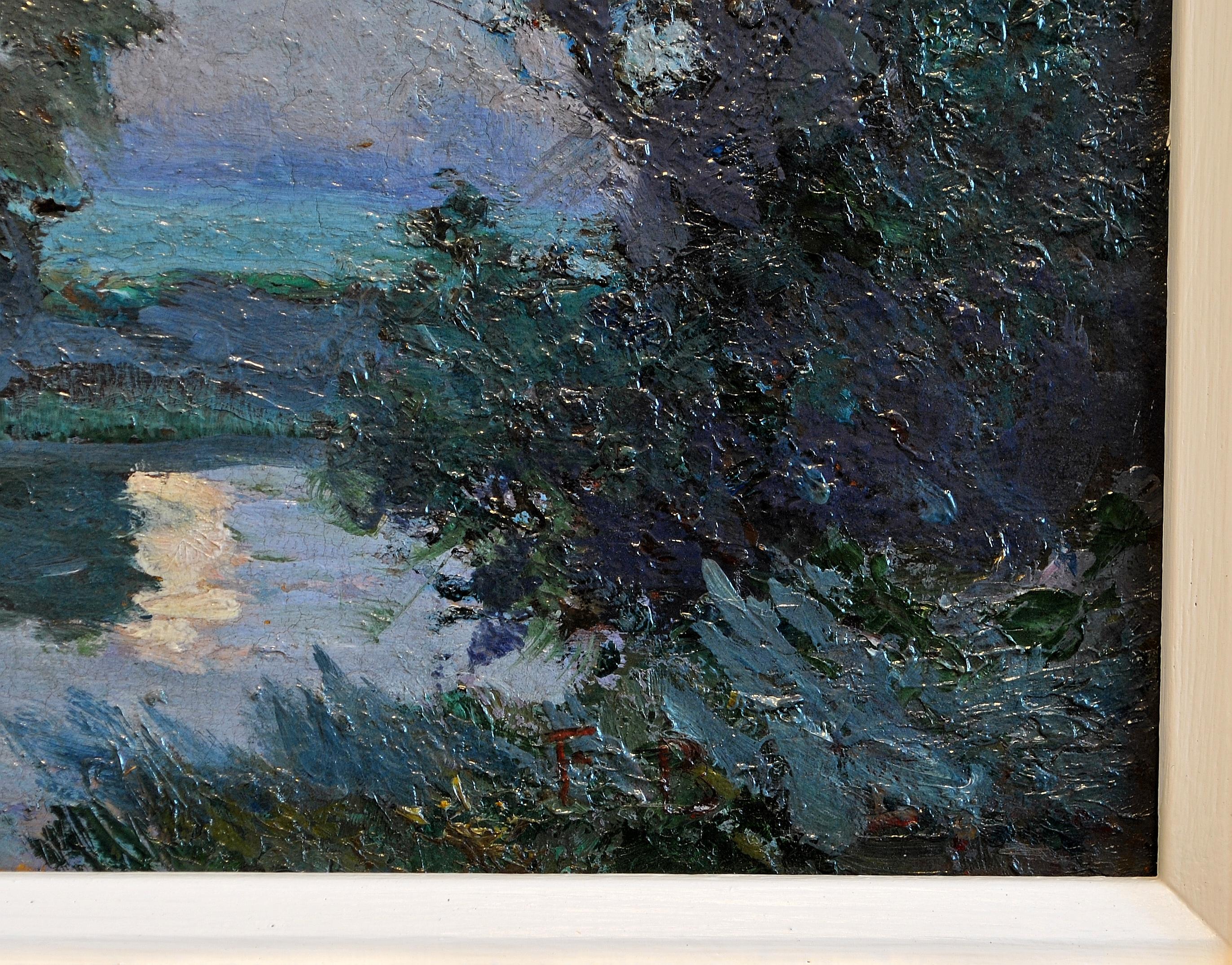 Moonlit River Landscape - Early 20th Century English Antique Oil Painting For Sale 3