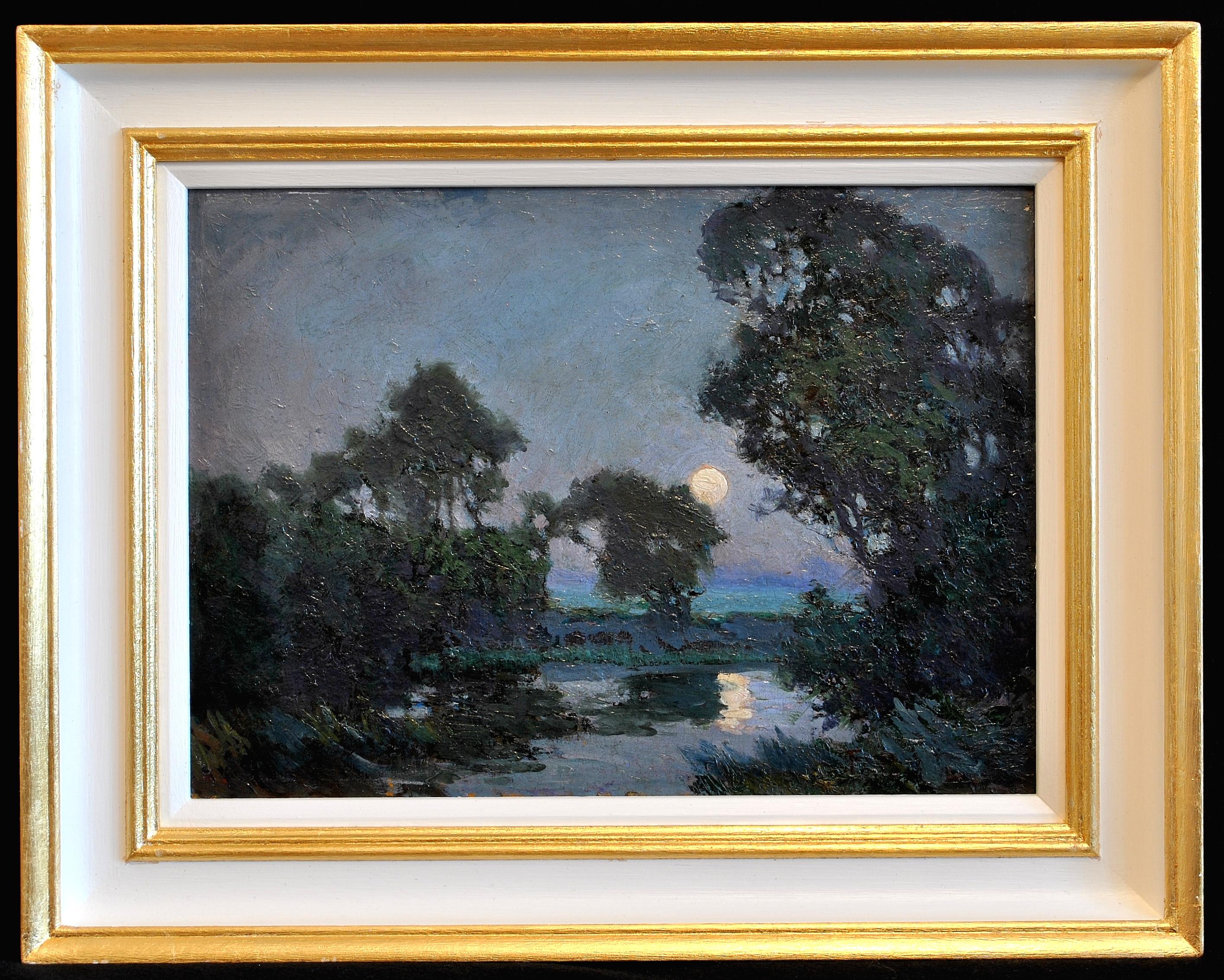 Fred Balshaw Landscape Painting – Mondbeleuchtete Flusslandschaft – Englisches antikes Ölgemälde des frühen 20. Jahrhunderts