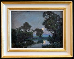 Moonlit River Landscape - Early 20th Century English Vintage Oil Painting