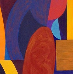 "Holding Together",  geometric shapes in oranges and blues