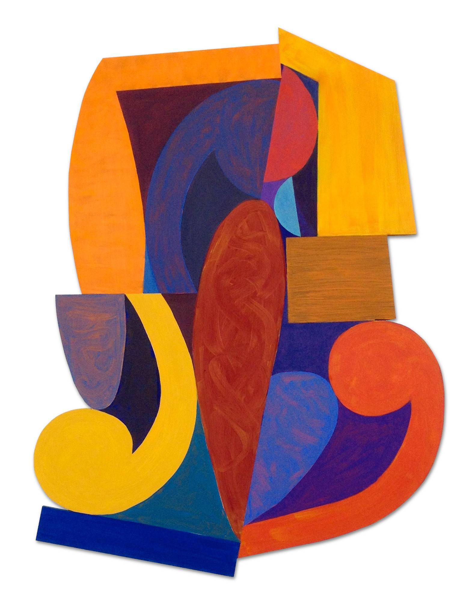 Fred Bendheim Abstract Sculpture - "Holding Together",  geometric shapes in oranges and blues