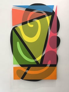 "Juggler", geometric and organic shapes in pinks, oranges and greens