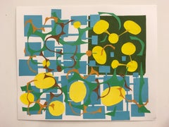 “Man v. Machine” geometric shapes swirl in teals and yellows