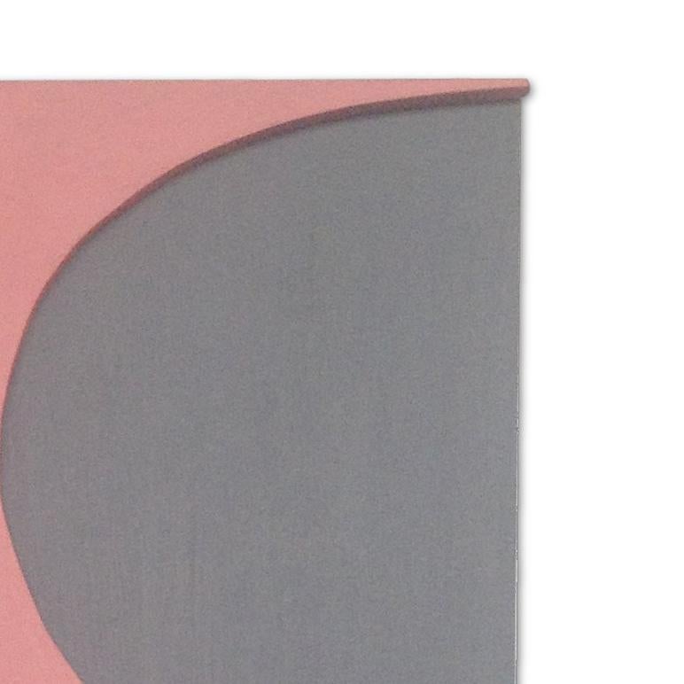 The Conversation combines interlocking shapes that speak to an intimate connection between two, gray and pink. The artist’s current work spans the boundaries between painting and sculpture, taking the form of abstract, shaped paintings and relief